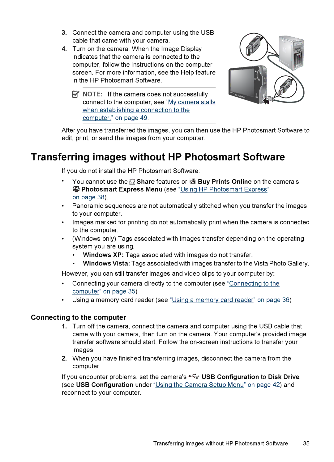 HP R937 manual Transferring images without HP Photosmart Software, Connecting to the computer 