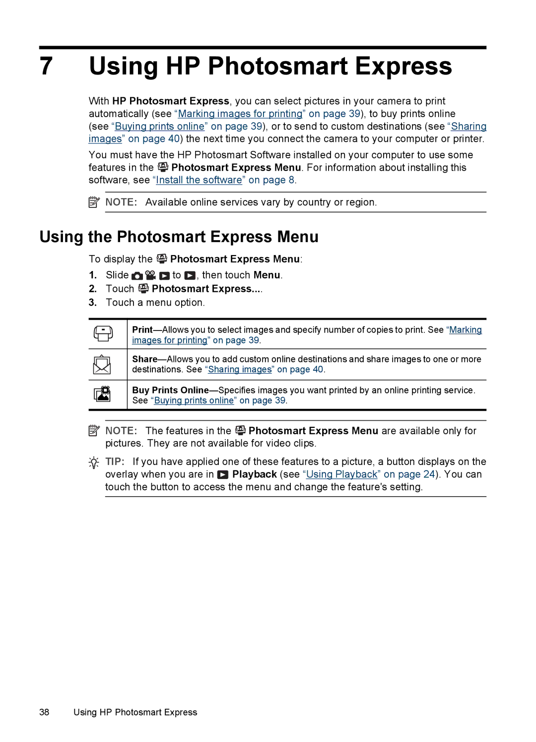 HP R937 manual Using HP Photosmart Express, Using the Photosmart Express Menu, To display the Photosmart Express Menu 