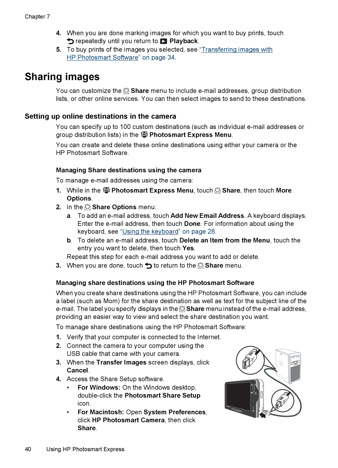 HP R937 manual Sharing images, Setting up online destinations in the camera, Managing Share destinations using the camera 