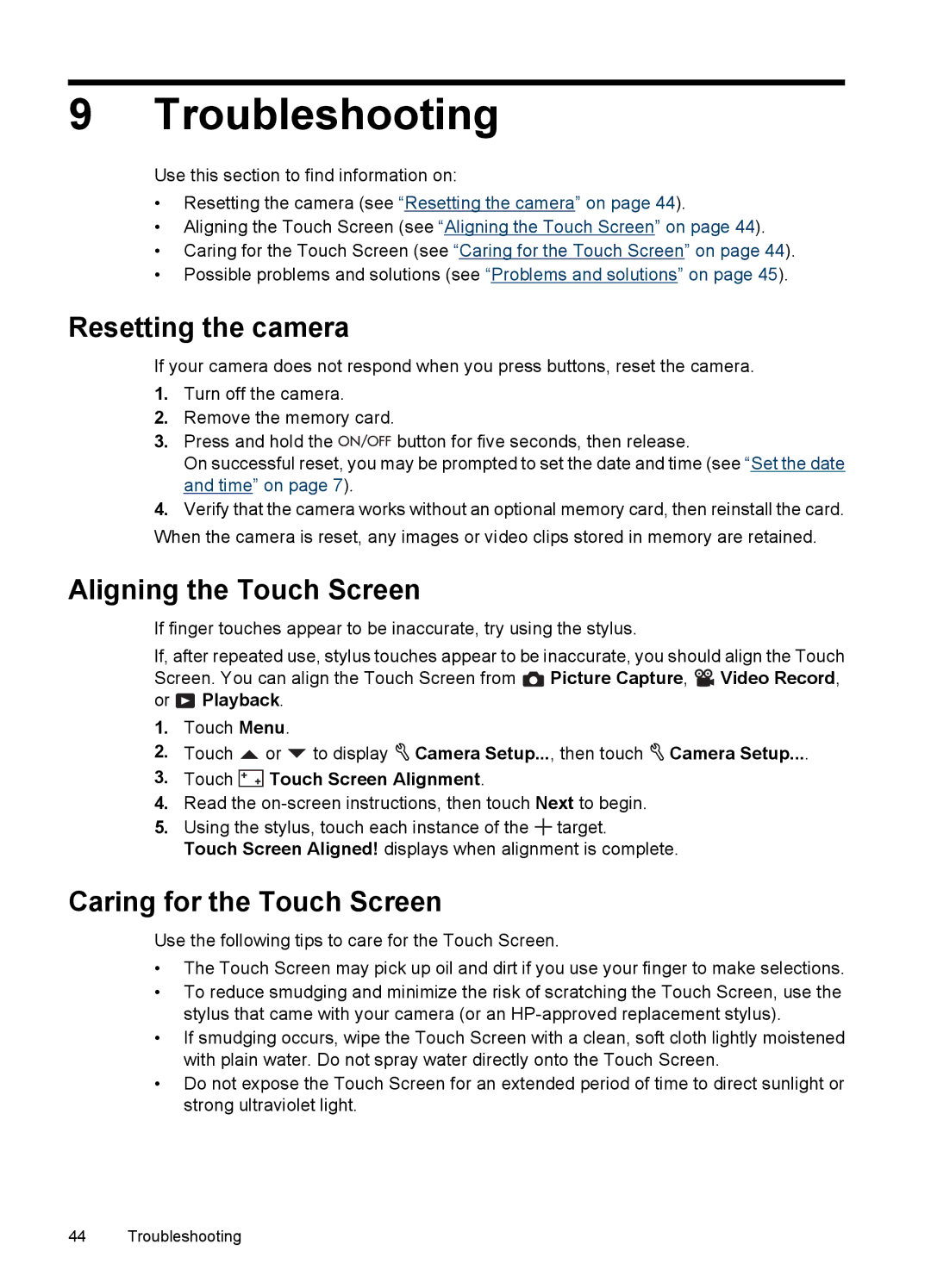 HP R937 manual Troubleshooting, Resetting the camera, Aligning the Touch Screen, Caring for the Touch Screen 