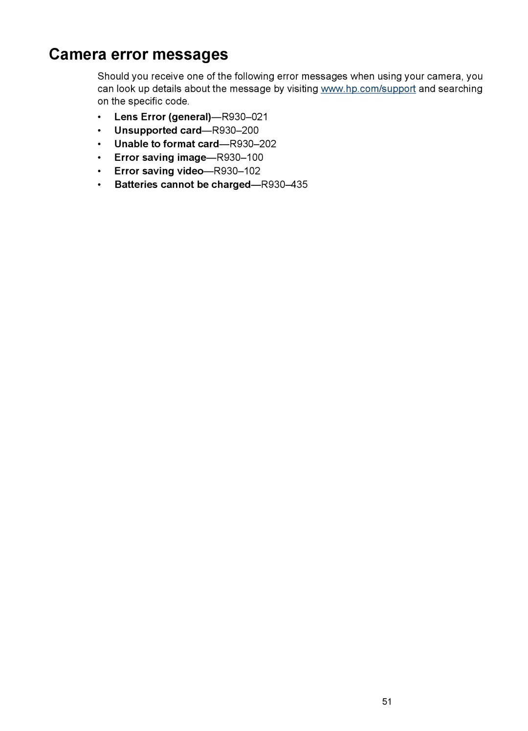 HP R937 manual Camera error messages 