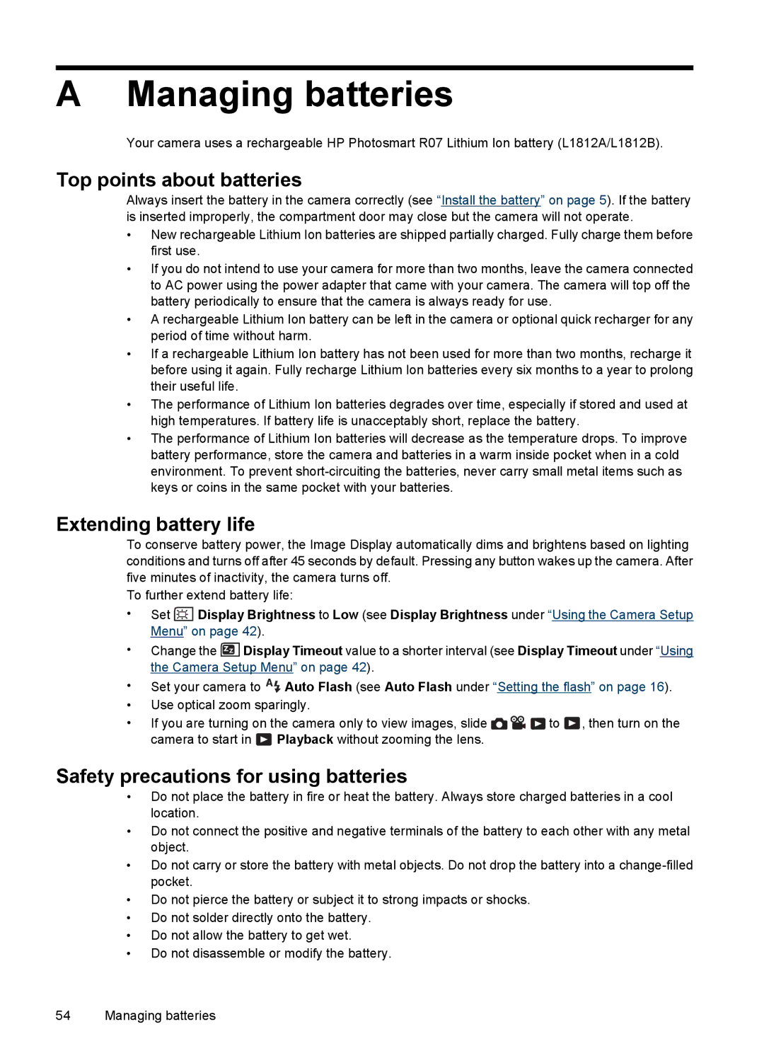 HP R937 manual Managing batteries, Top points about batteries 