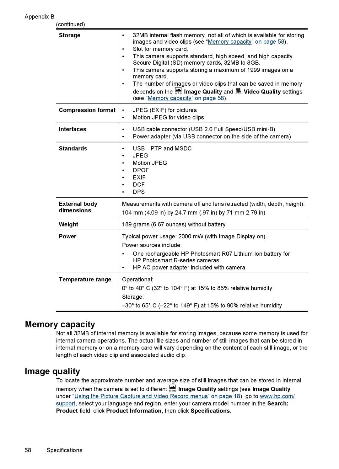 HP R937 Storage, Image Quality Video Quality settings, Interfaces, Standards, External body, Dimensions, Weight, Power 