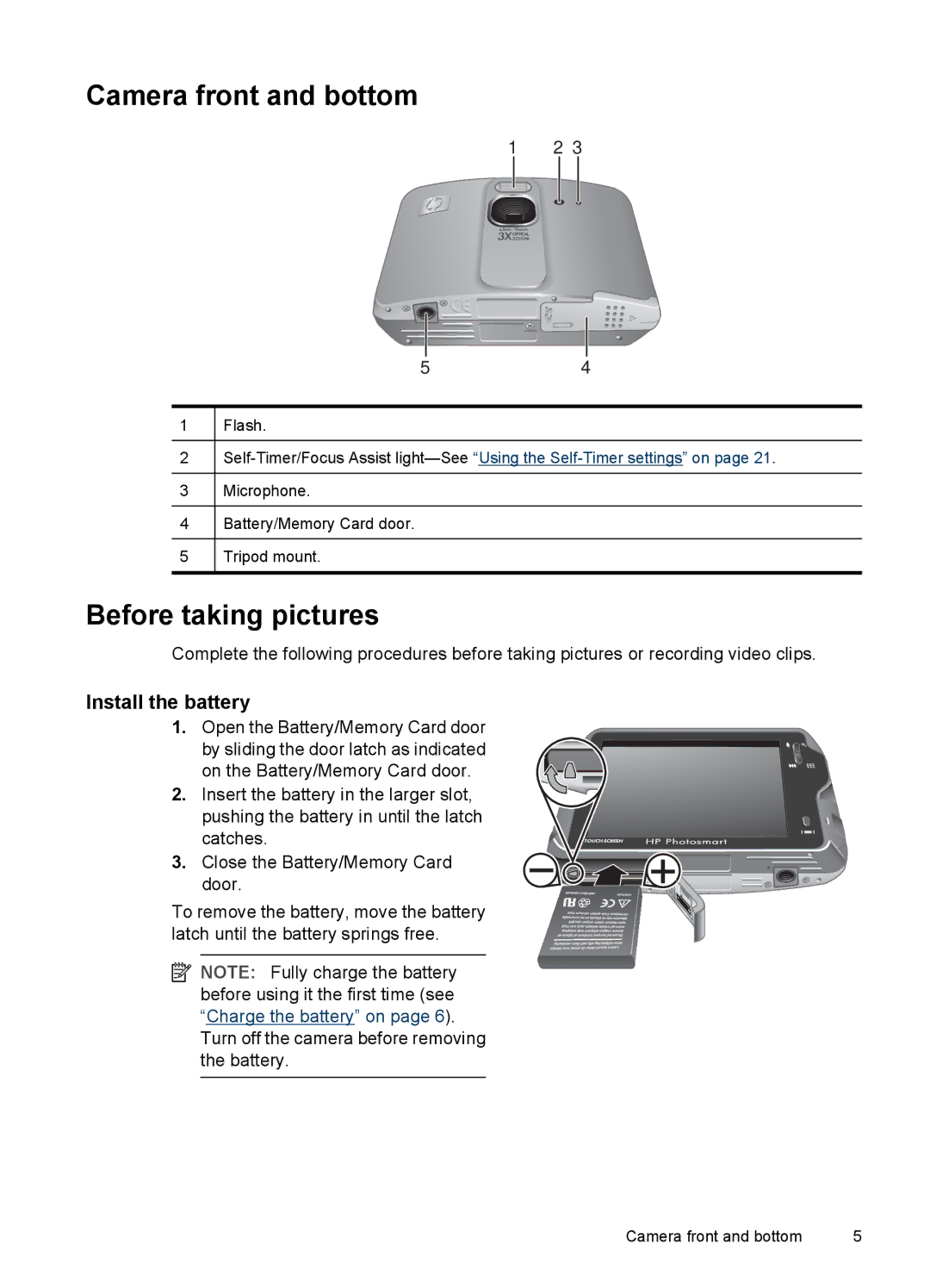 HP R937 manual Camera front and bottom, Before taking pictures, Install the battery 