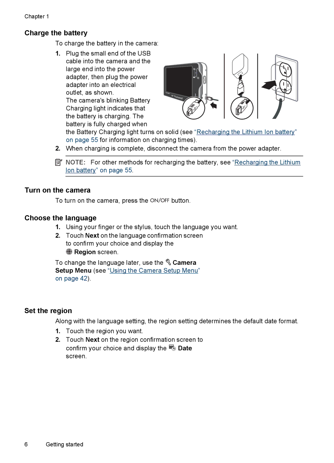 HP R937 manual Charge the battery, Turn on the camera, Choose the language, Set the region, Region screen 