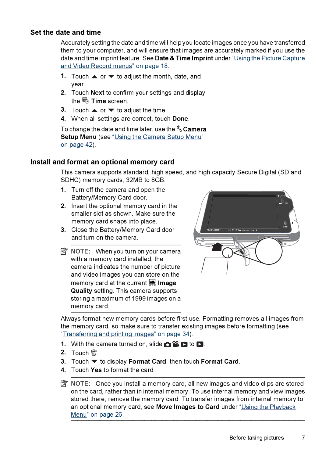 HP R937 manual Set the date and time, Install and format an optional memory card 