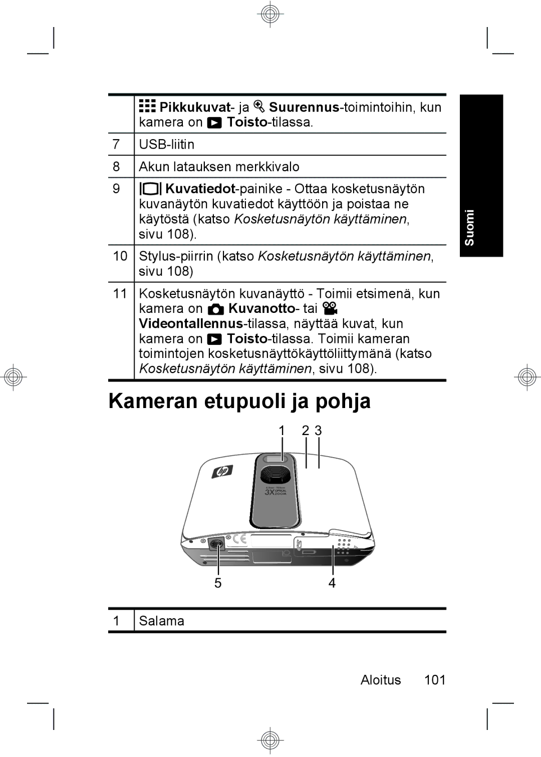 HP R937 manual Kameran etupuoli ja pohja 