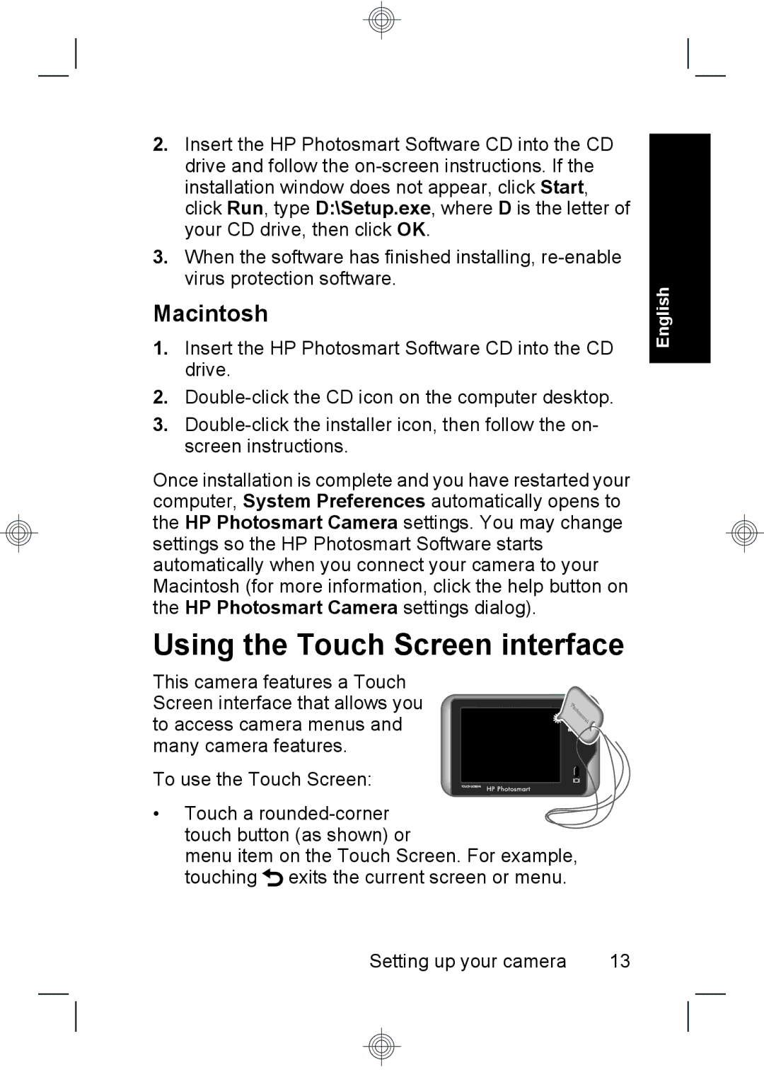 HP R937 manual Using the Touch Screen interface, Macintosh 