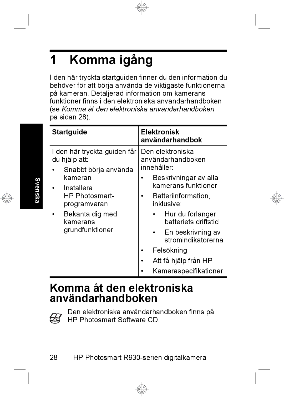 HP R937 manual Komma igång, Startguide Elektronisk Användarhandbok 