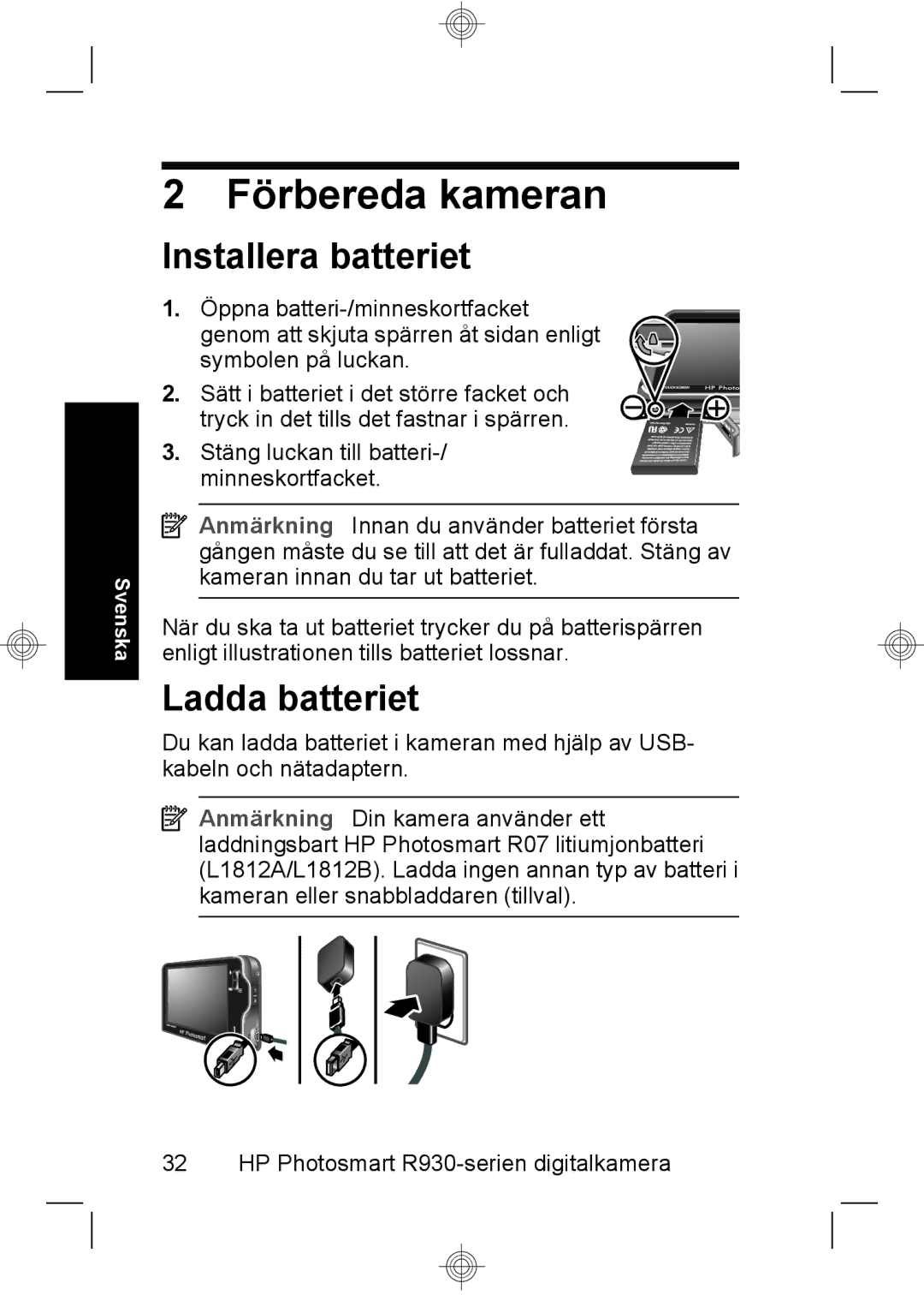 HP R937 manual Förbereda kameran, Installera batteriet, Ladda batteriet 