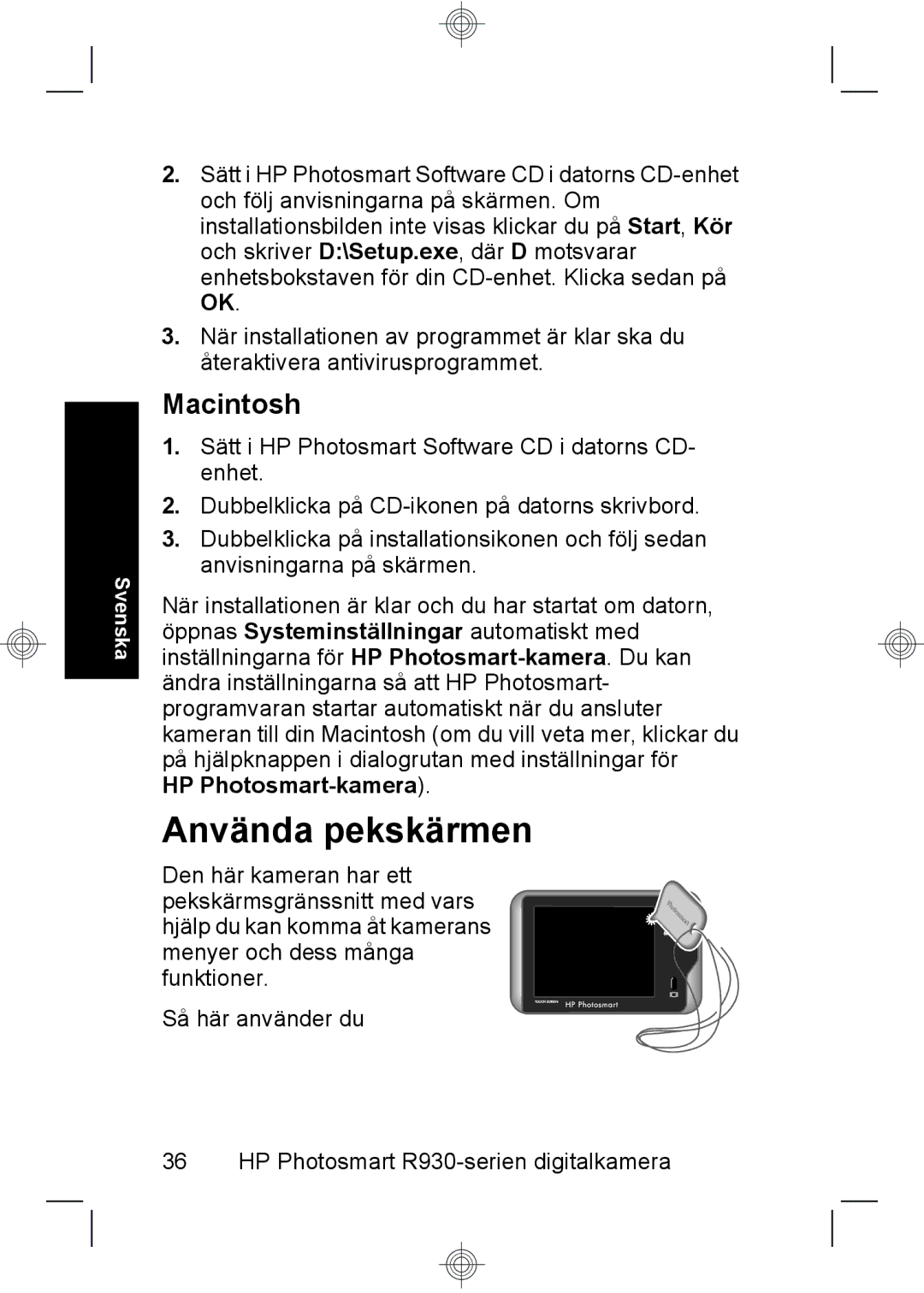 HP R937 manual Använda pekskärmen, HP Photosmart-kamera 