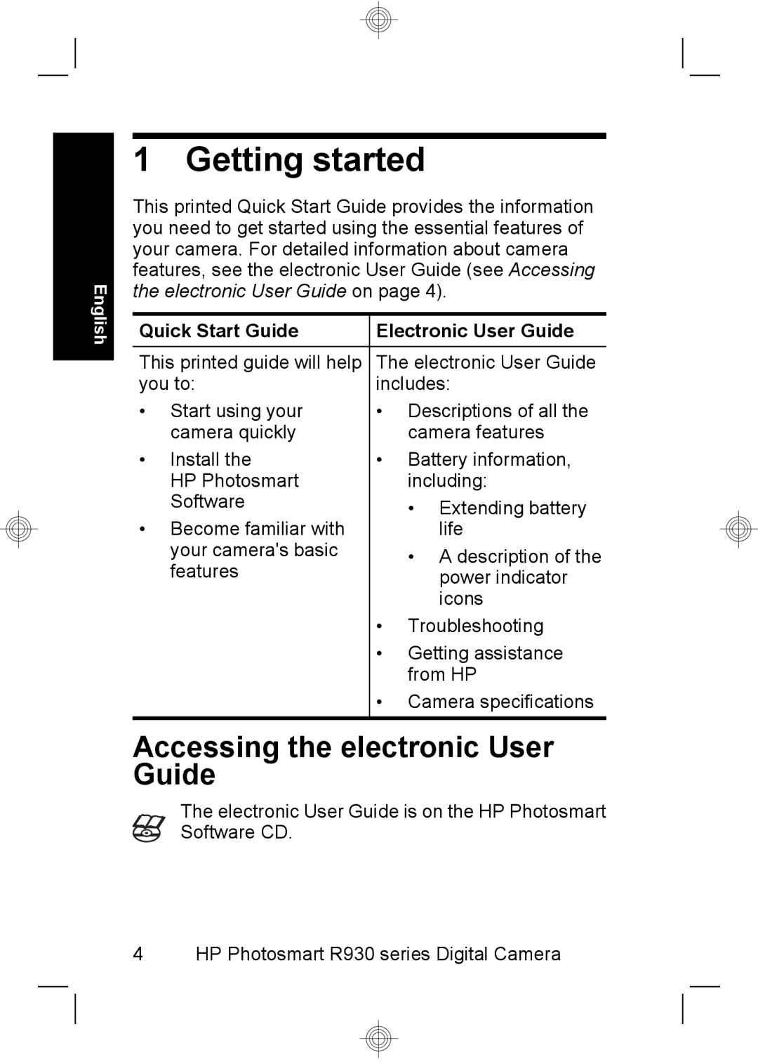 HP R937 manual Getting started, Accessing the electronic User Guide, Quick Start Guide Electronic User Guide 