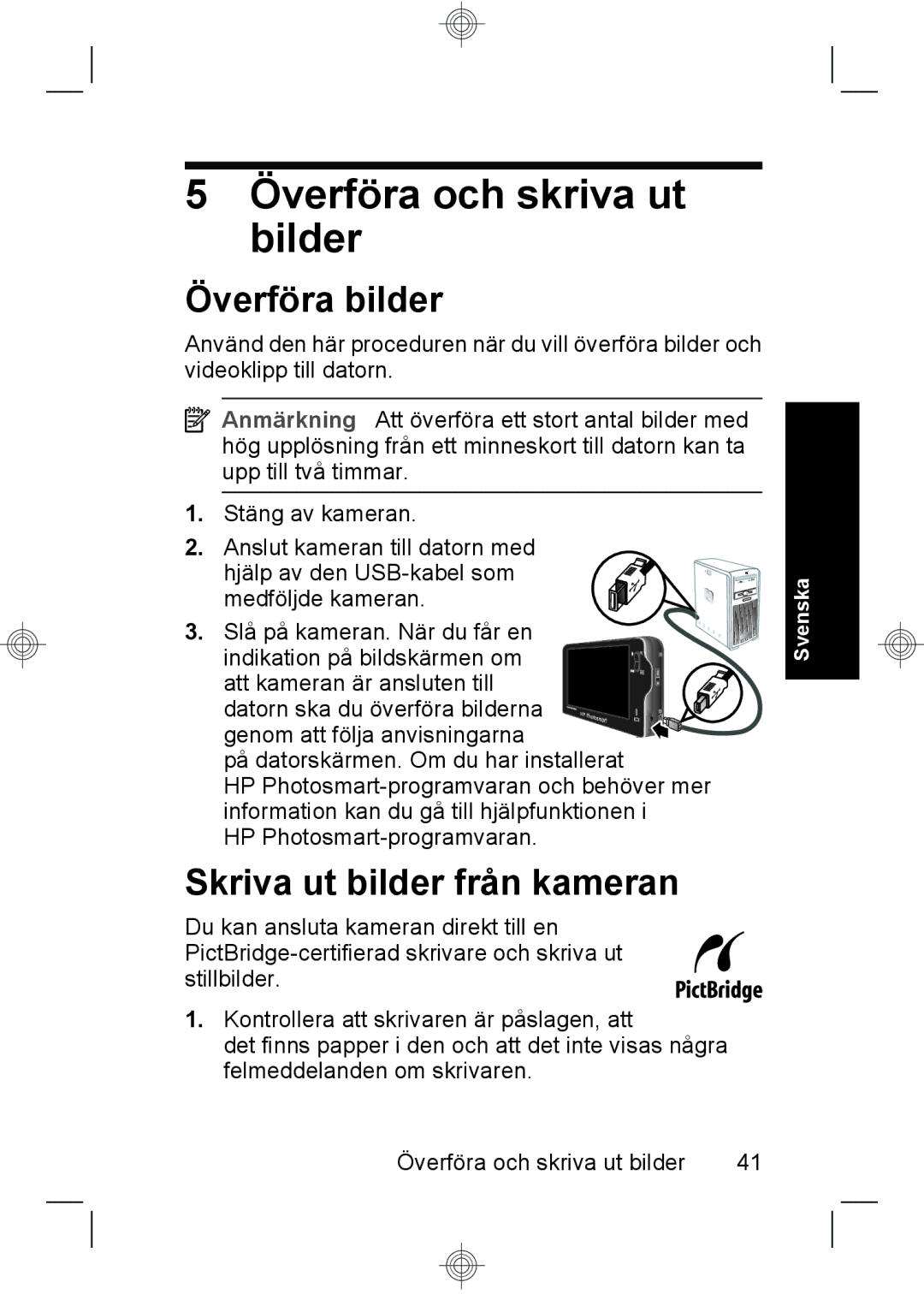 HP R937 manual Överföra och skriva ut bilder, Överföra bilder, Skriva ut bilder från kameran 