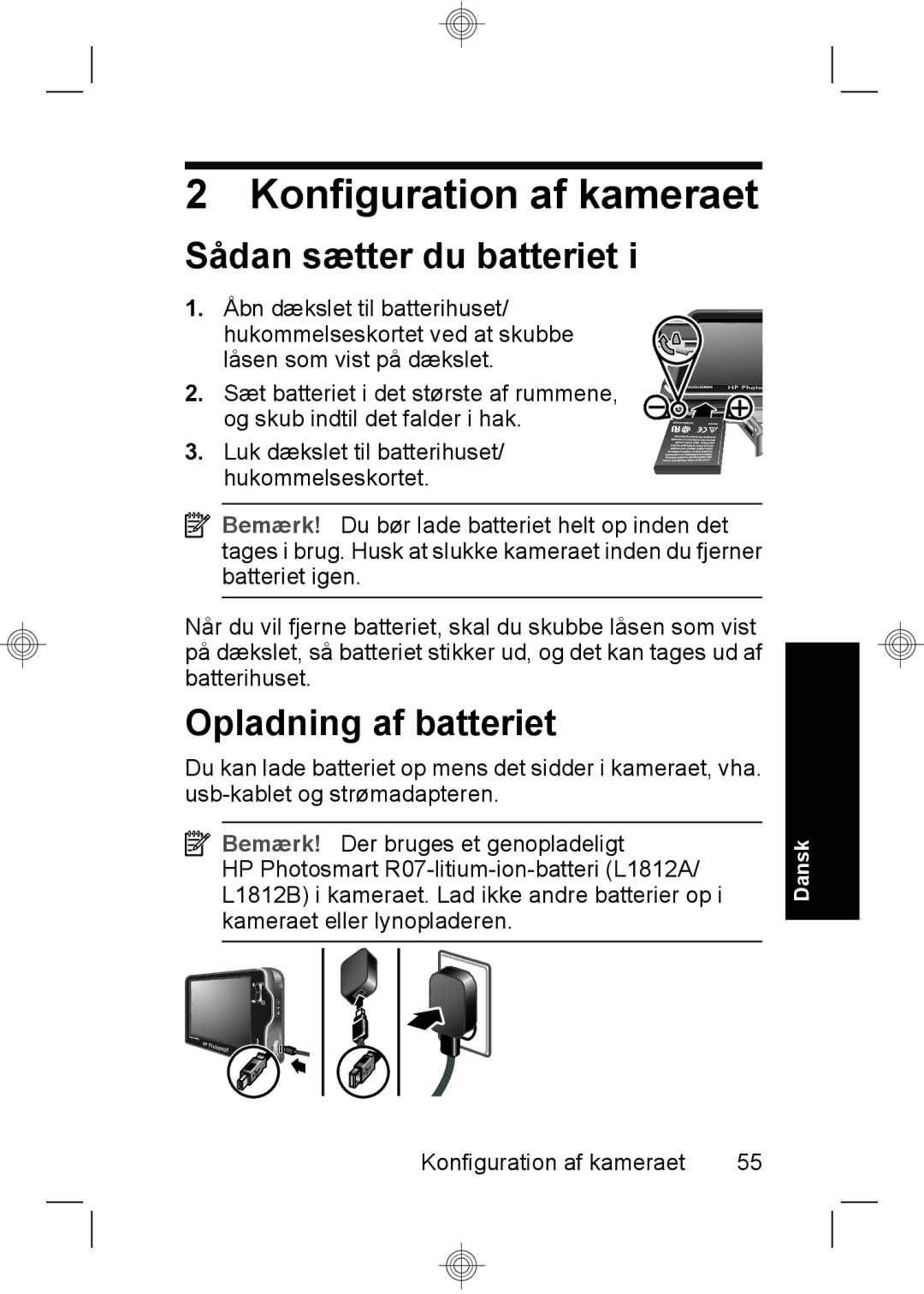 HP R937 manual Konfiguration af kameraet, Sådan sætter du batteriet, Opladning af batteriet 