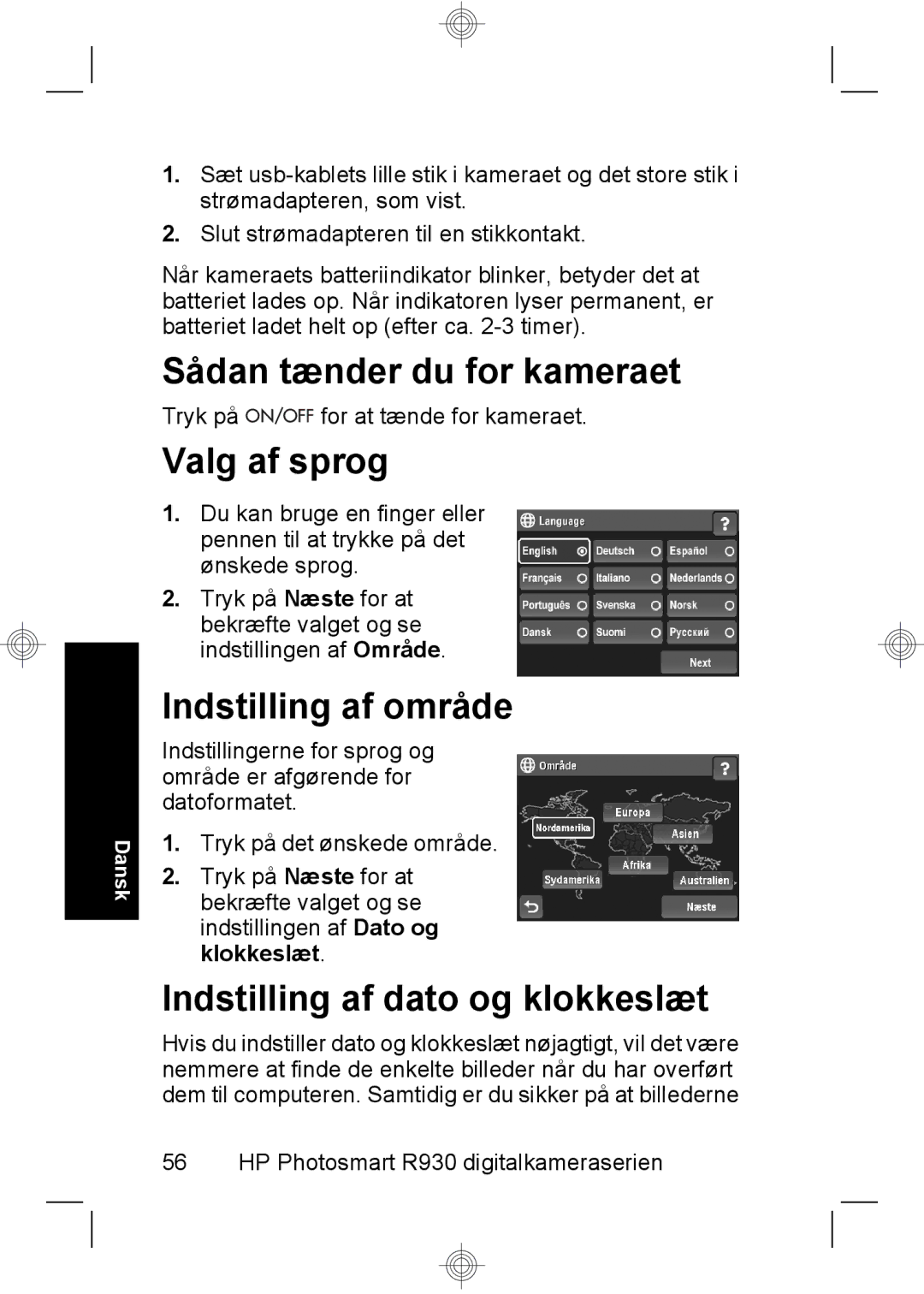 HP R937 manual Sådan tænder du for kameraet, Valg af sprog, Indstilling af område, Indstilling af dato og klokkeslæt 