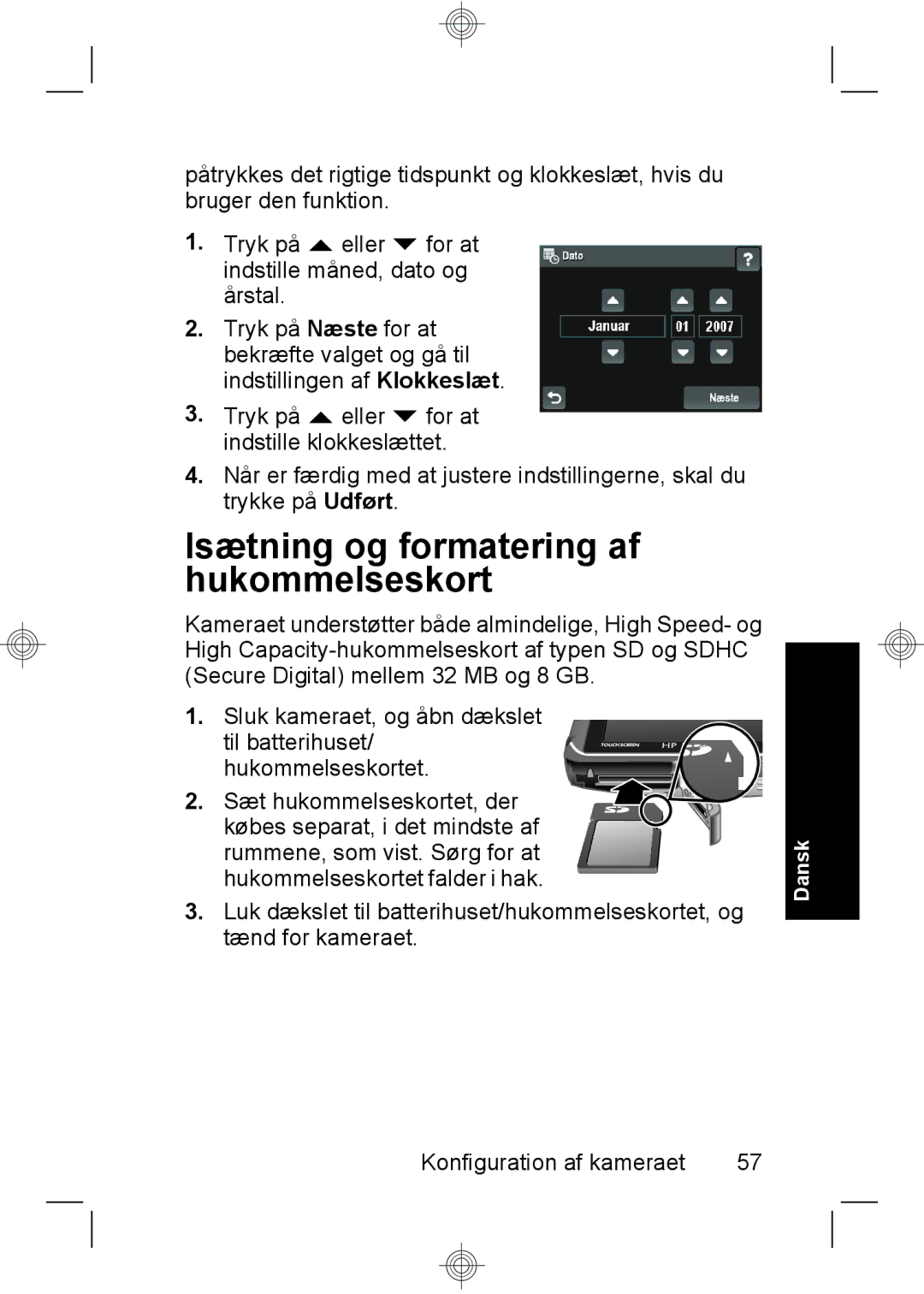 HP R937 manual Isætning og formatering af hukommelseskort 