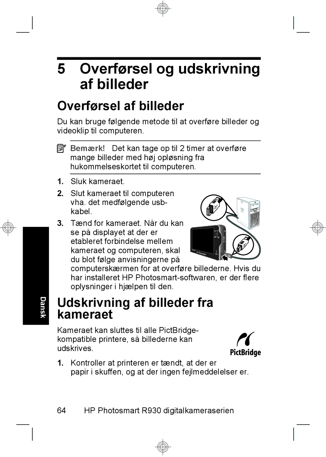 HP R937 manual Overførsel og udskrivning af billeder, Overførsel af billeder, Udskrivning af billeder fra kameraet 