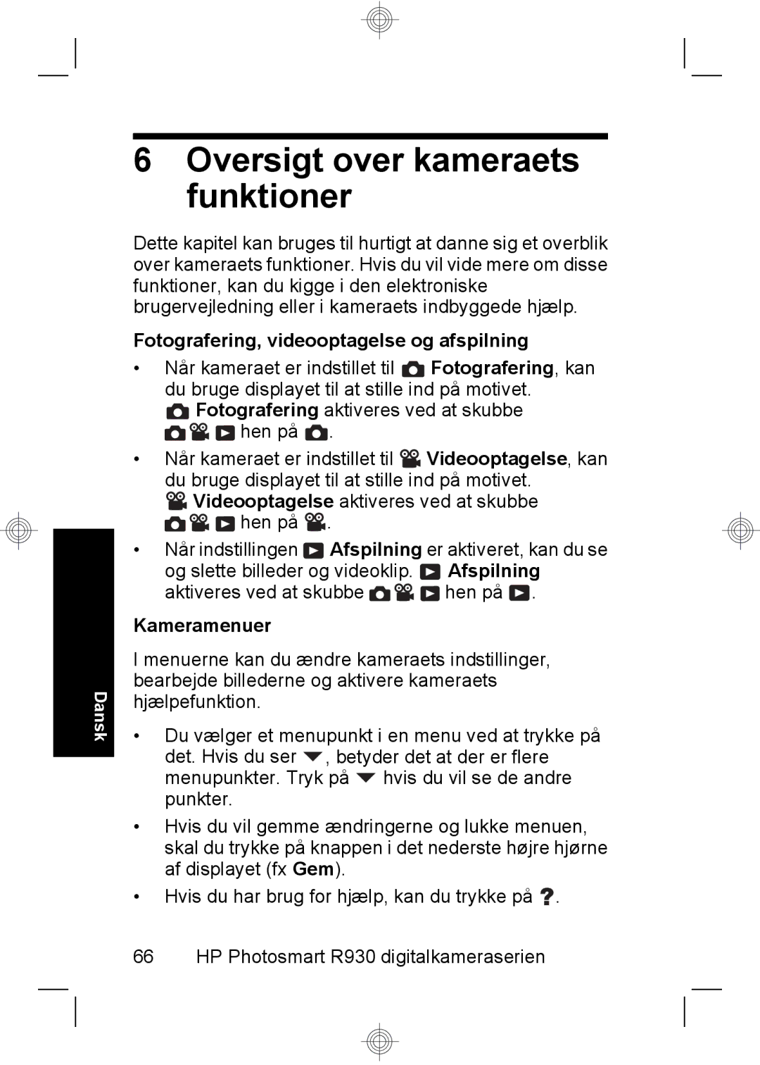 HP R937 manual Oversigt over kameraets funktioner, Fotografering, videooptagelse og afspilning, Kameramenuer 