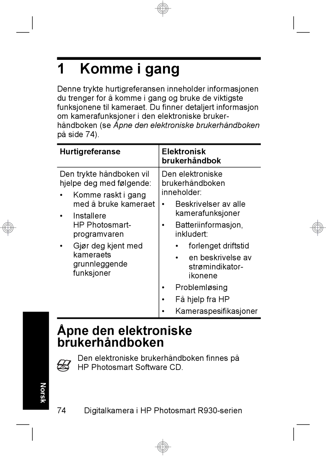 HP R937 manual Komme i gang, Hurtigreferanse Elektronisk Brukerhåndbok 