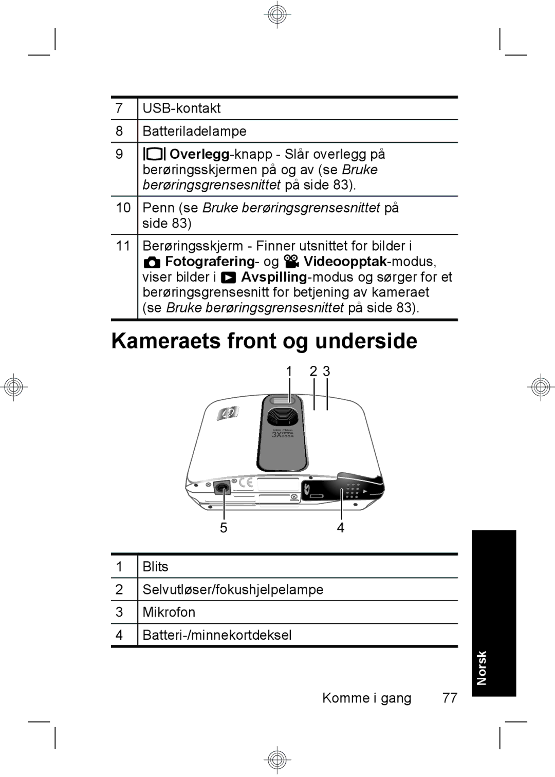 HP R937 manual Kameraets front og underside, Penn se Bruke berøringsgrensesnittet på side 