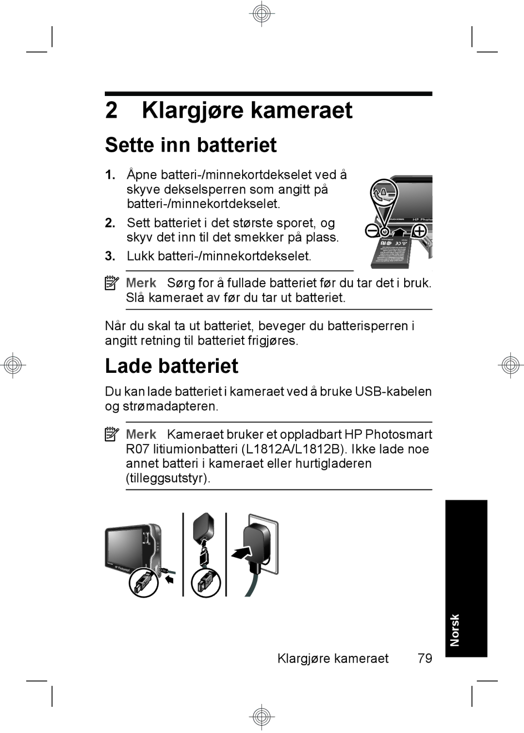 HP R937 manual Klargjøre kameraet, Sette inn batteriet, Lade batteriet 