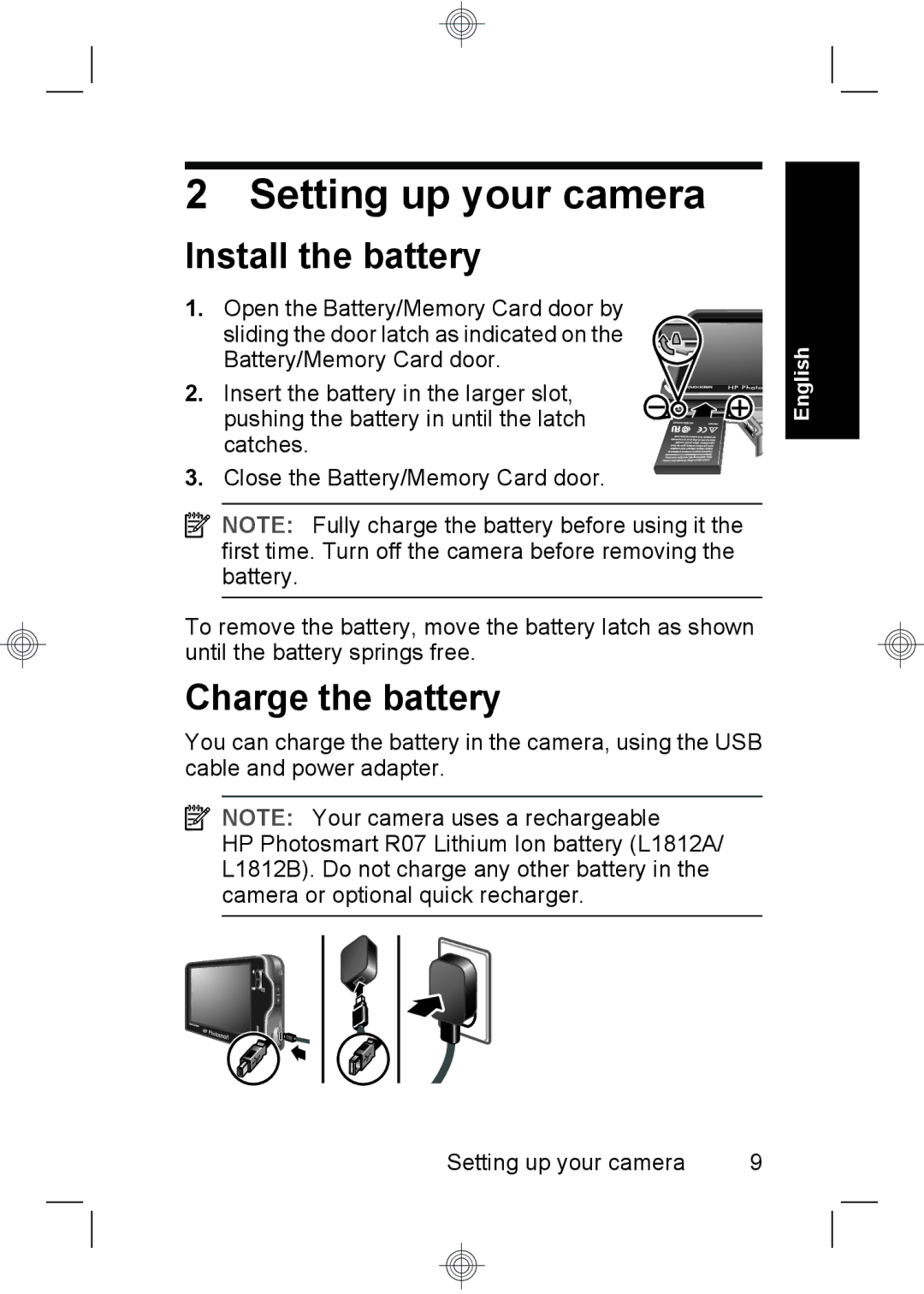 HP R937 manual Setting up your camera, Install the battery, Charge the battery 