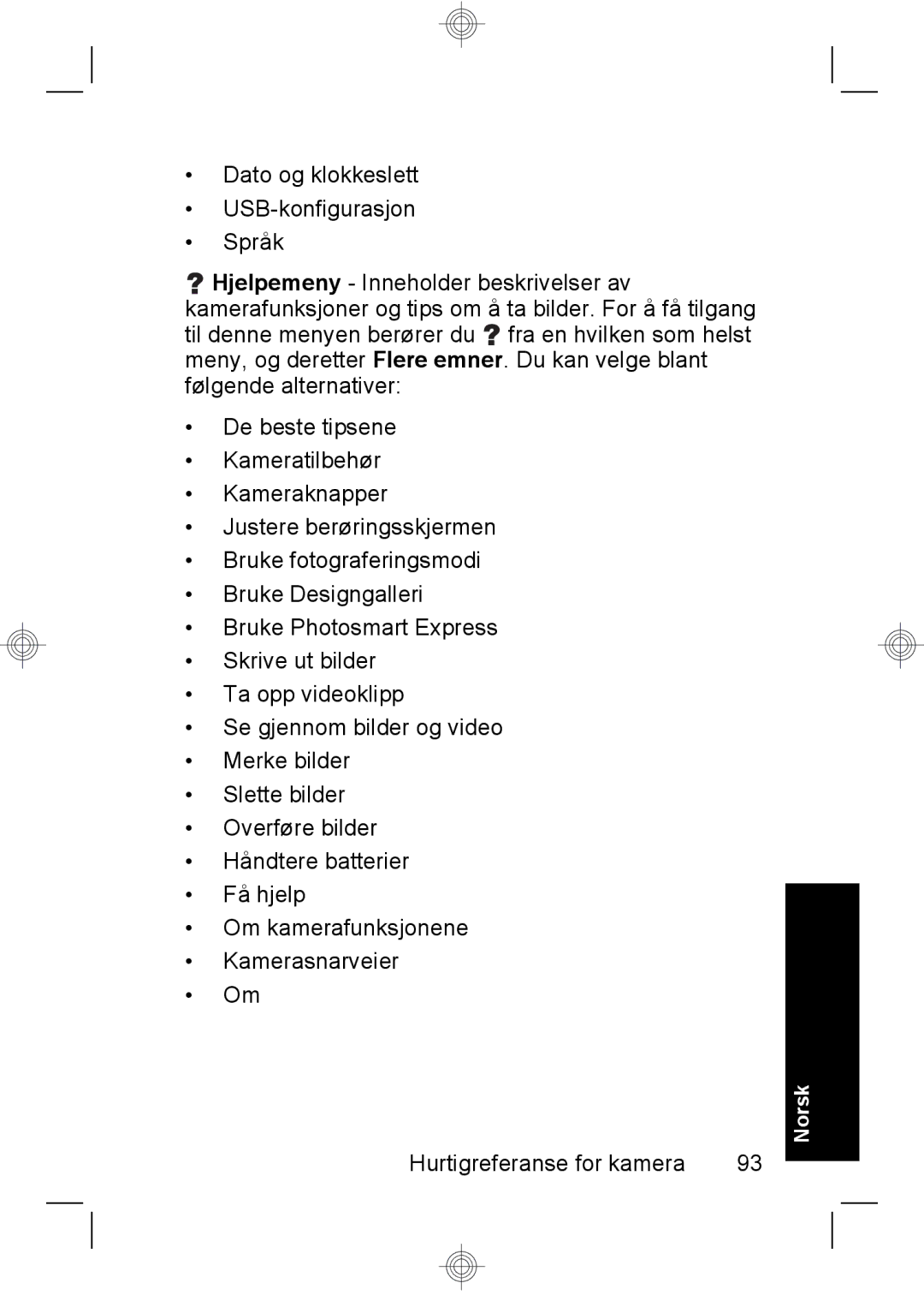 HP R937 manual Hurtigreferanse for kamera 