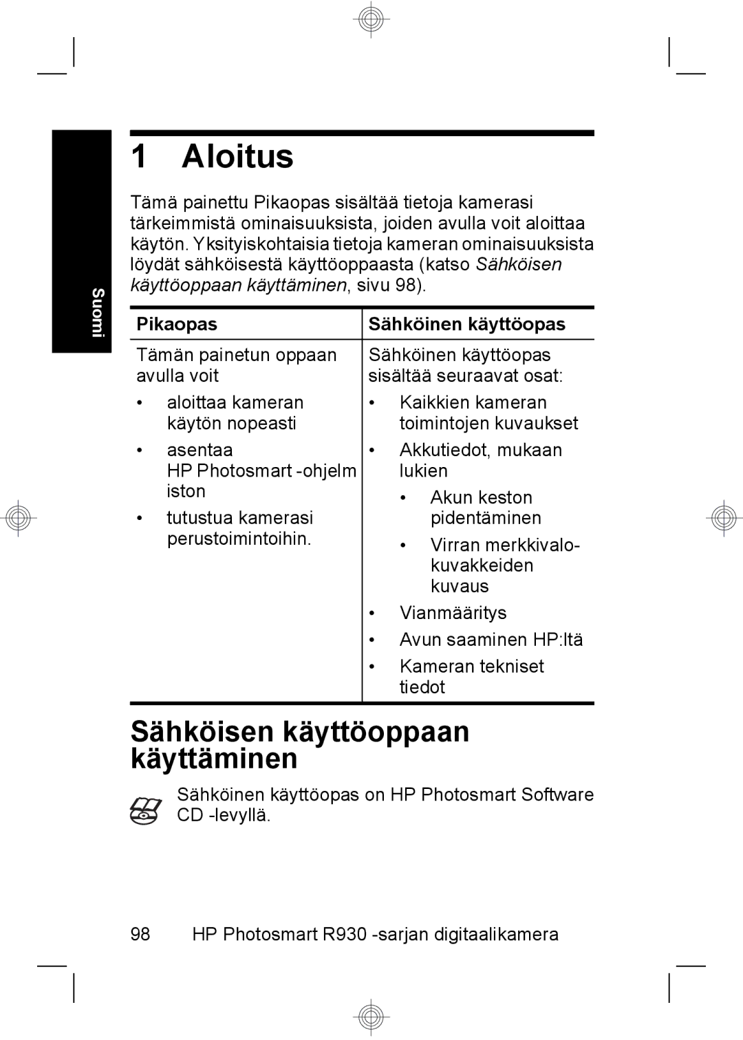 HP R937 manual Aloitus, Pikaopas Sähköinen käyttöopas 