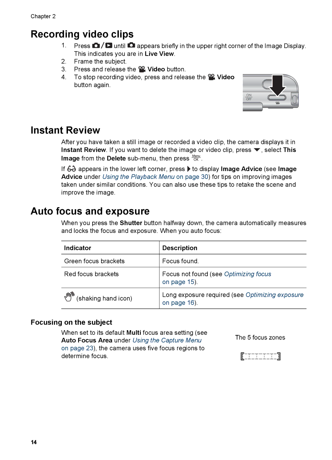 HP R967 manual Recording video clips, Instant Review, Auto focus and exposure, Focusing on the subject 