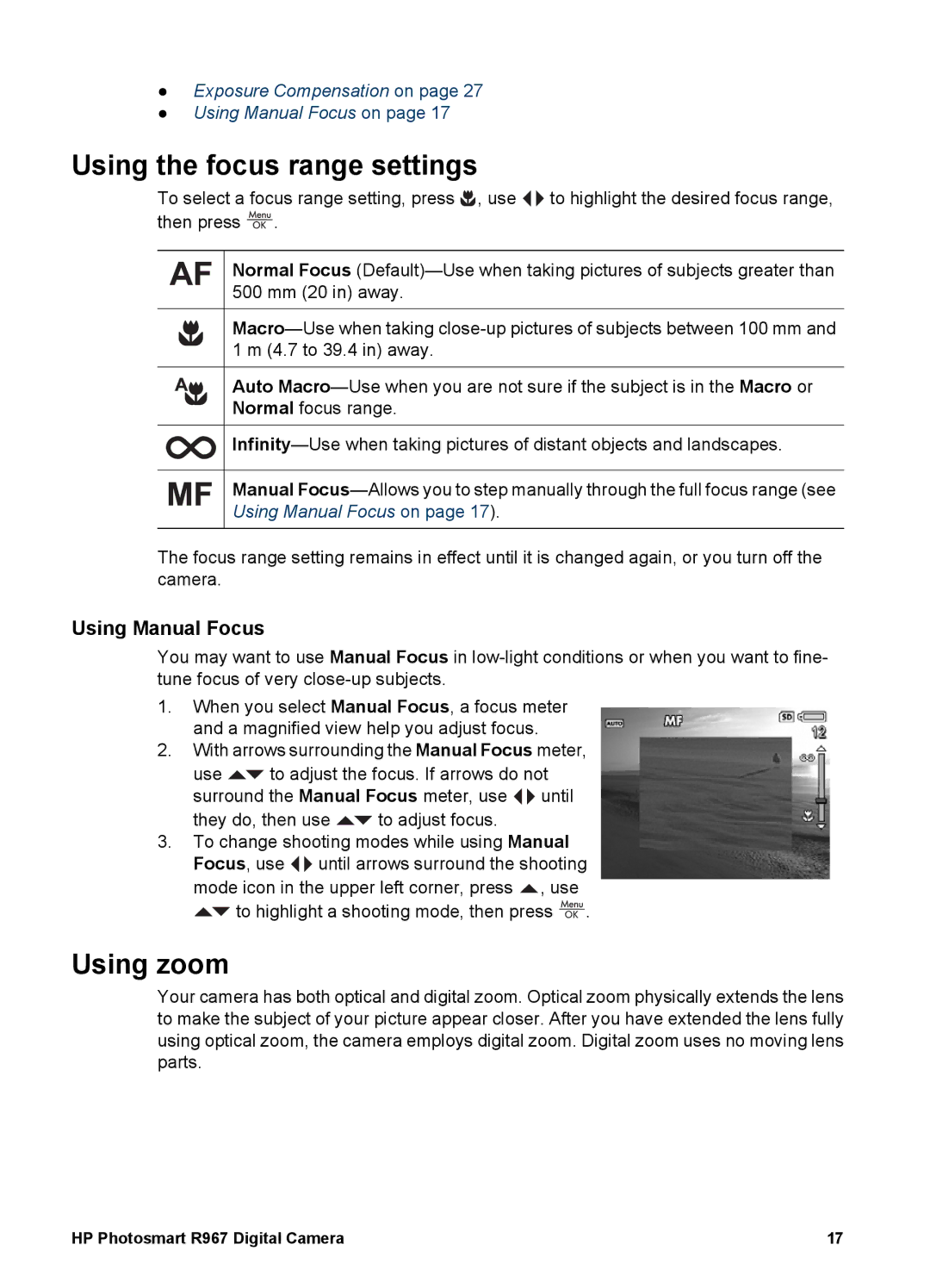 HP R967 manual Using the focus range settings, Using zoom, Using Manual Focus 