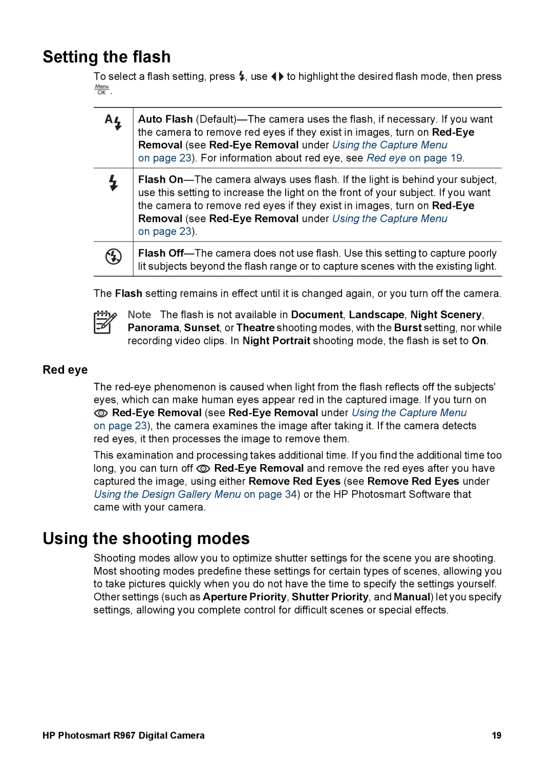 HP R967 manual Setting the flash, Using the shooting modes, Red eye 