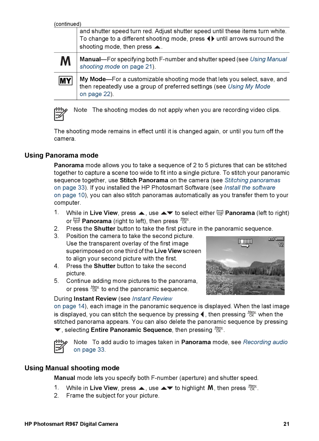 HP R967 manual Using Panorama mode, Using Manual shooting mode, During Instant Review see Instant Review 