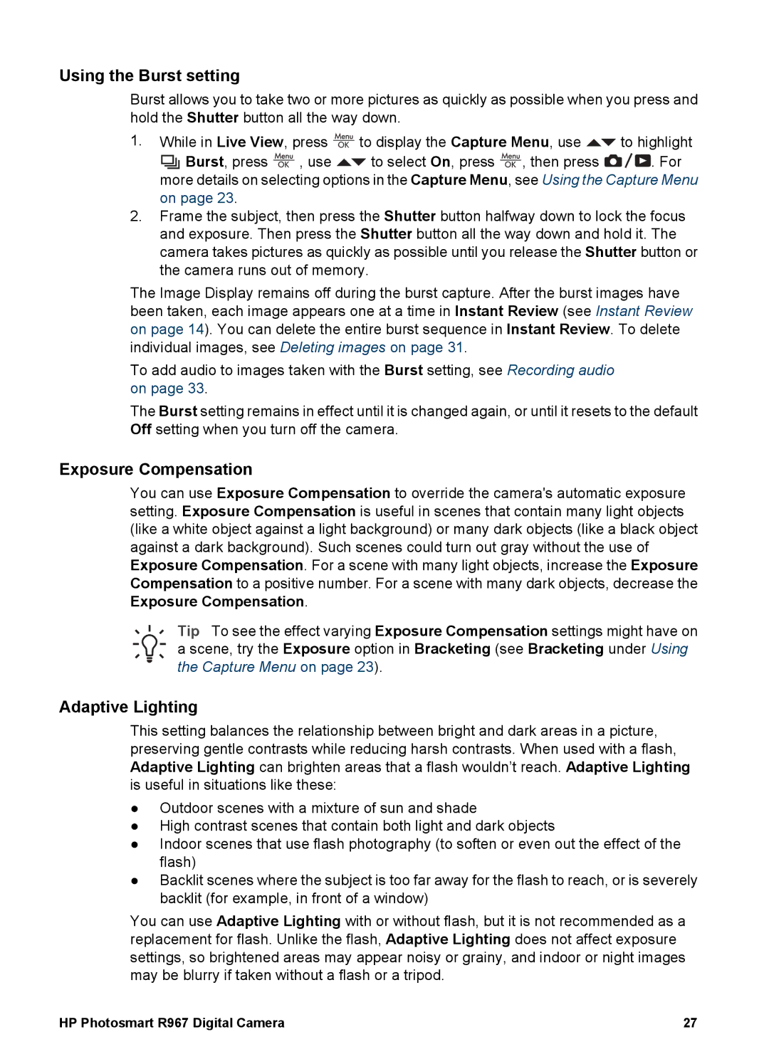 HP R967 manual Using the Burst setting, Exposure Compensation, Adaptive Lighting 