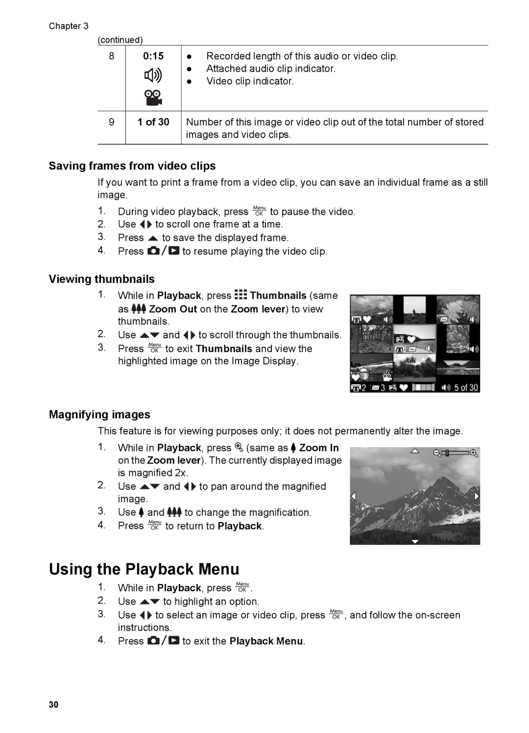 HP R967 manual Using the Playback Menu, Saving frames from video clips, Viewing thumbnails, Magnifying images, 015 