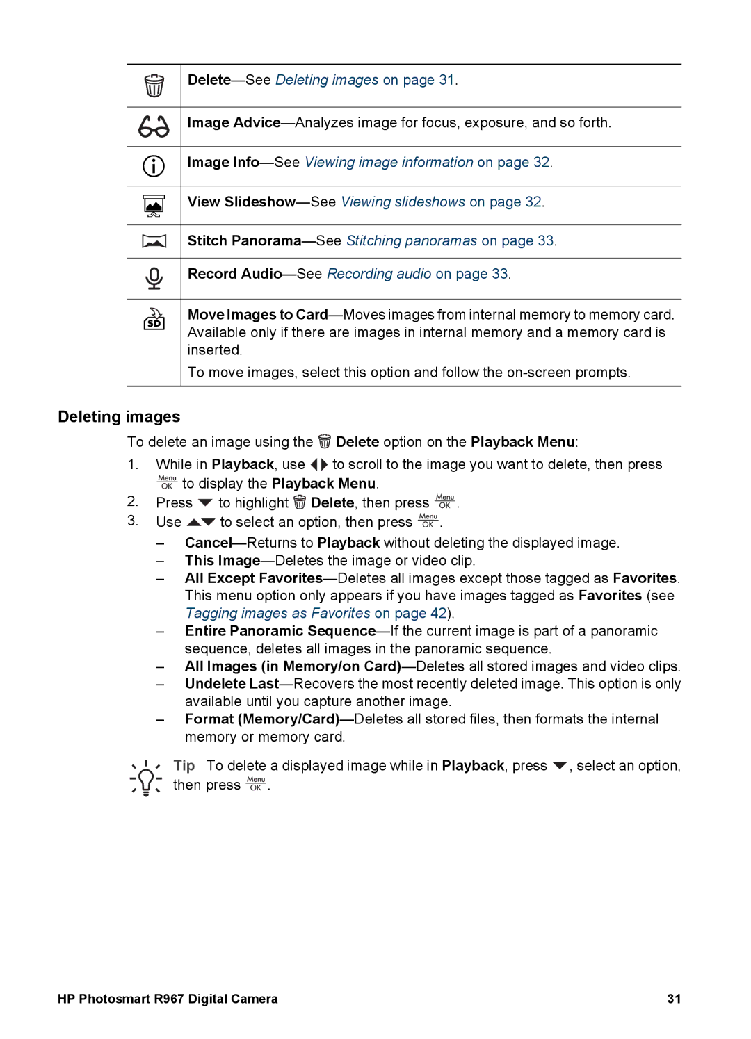 HP R967 manual Deleting images 