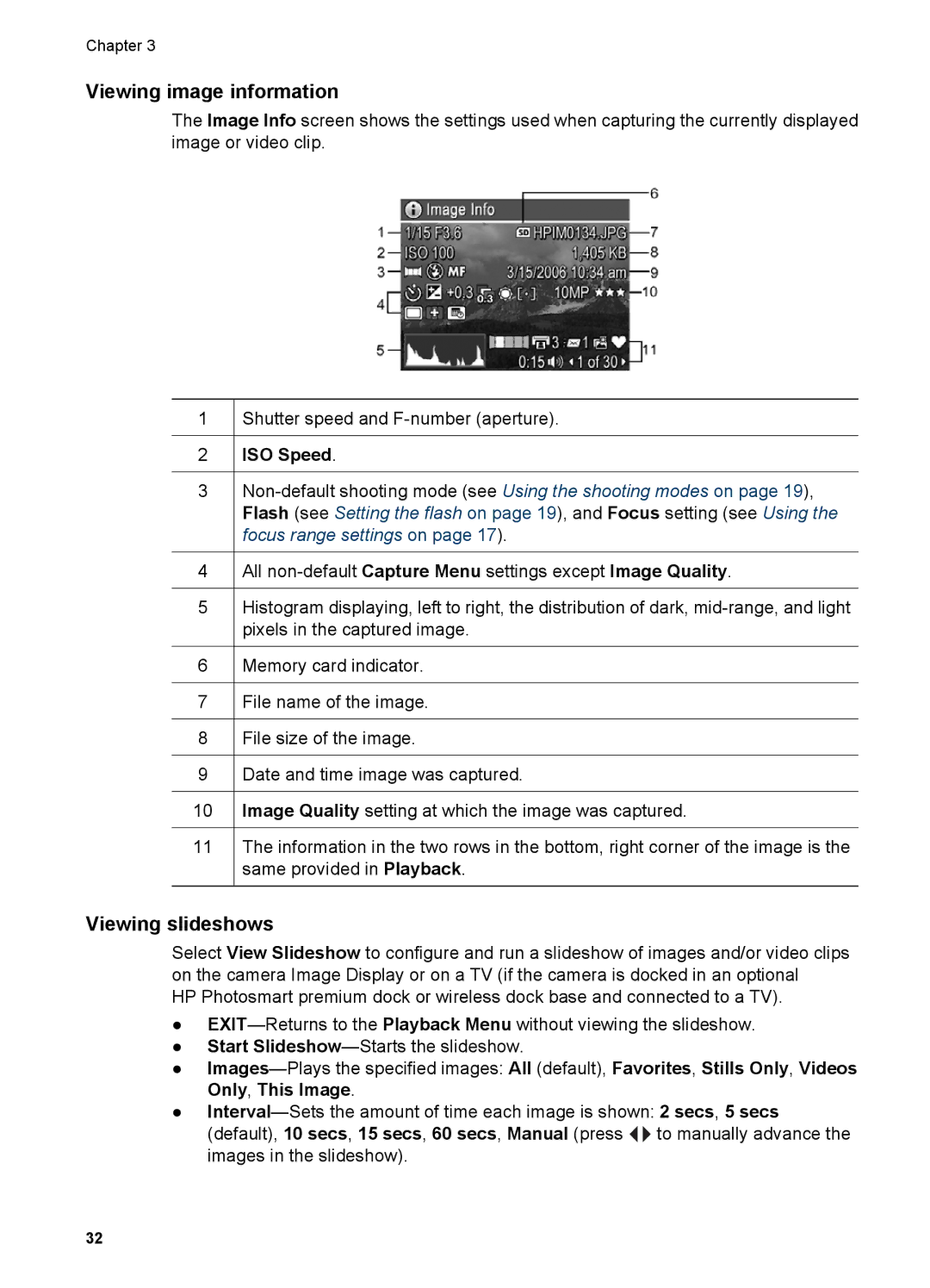 HP R967 manual Viewing image information, Viewing slideshows, ISO Speed 