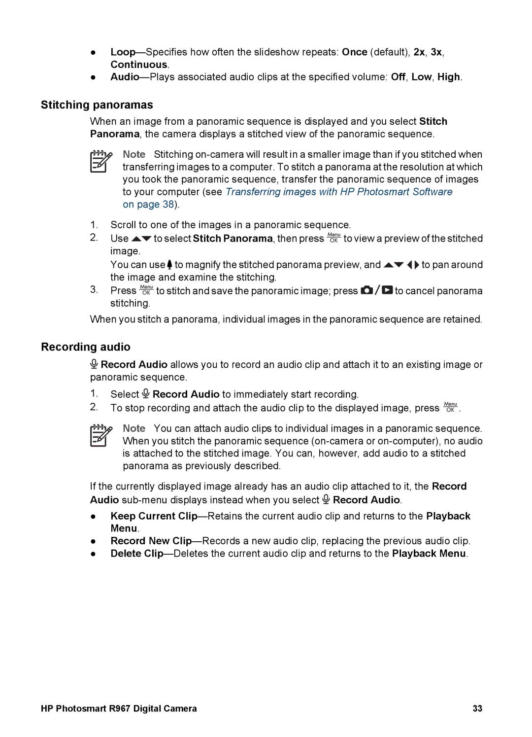 HP R967 manual Stitching panoramas, Recording audio 