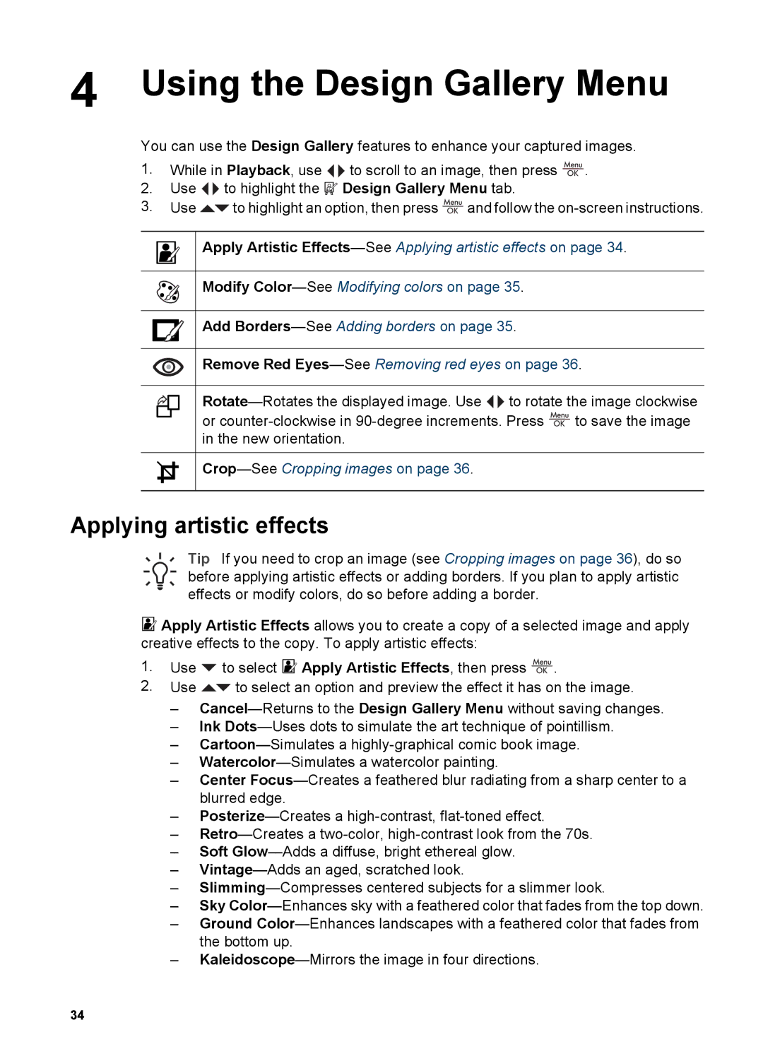 HP R967 manual Using the Design Gallery Menu, Applying artistic effects 