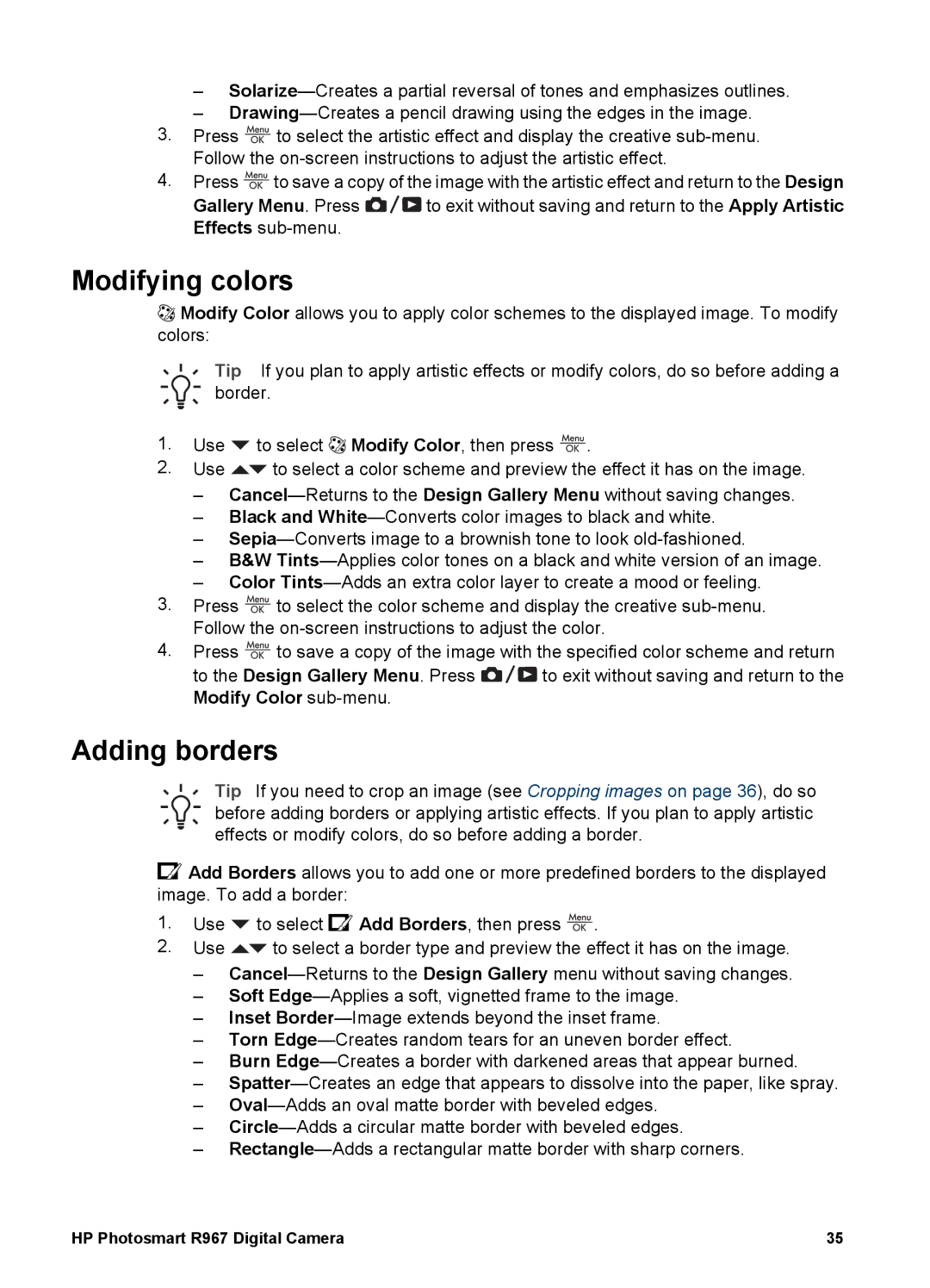 HP R967 manual Modifying colors, Adding borders 