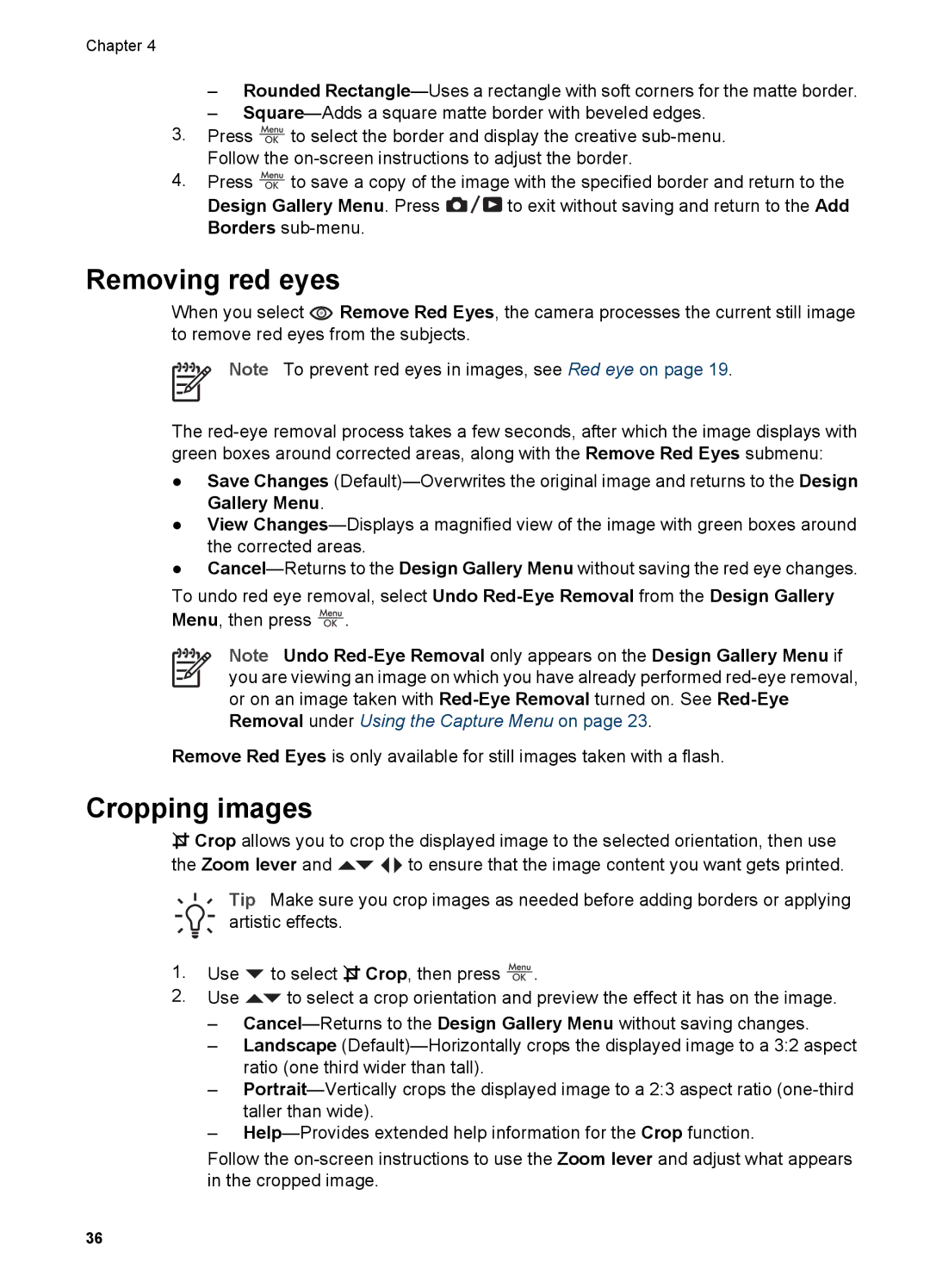 HP R967 manual Removing red eyes, Cropping images 