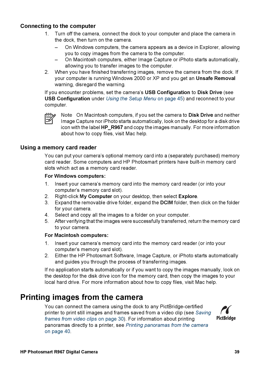 HP R967 Printing images from the camera, Connecting to the computer, Using a memory card reader, For Windows computers 