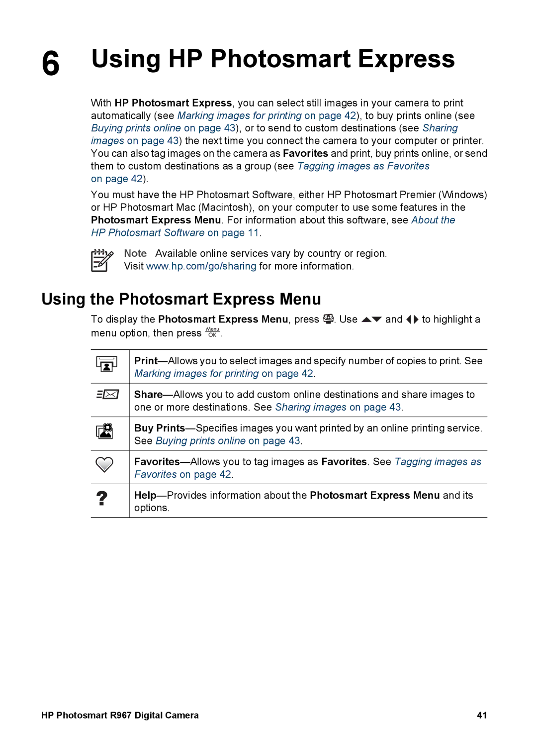 HP R967 manual Using HP Photosmart Express, Using the Photosmart Express Menu 