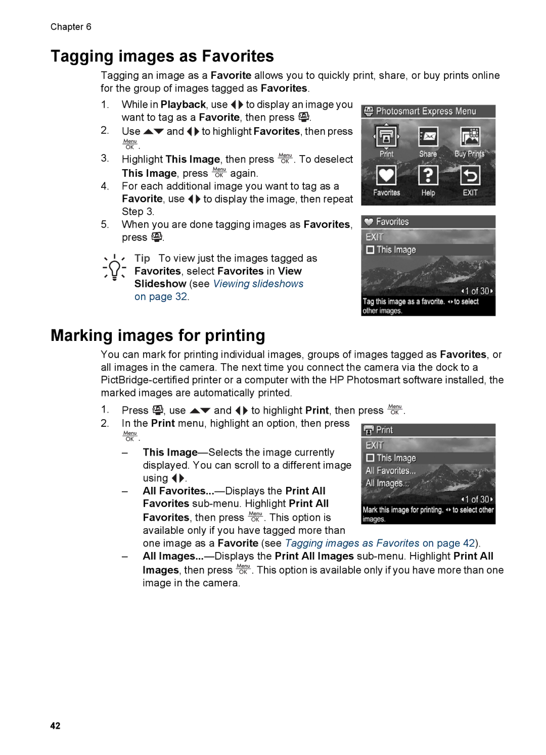 HP R967 manual Tagging images as Favorites, Marking images for printing 