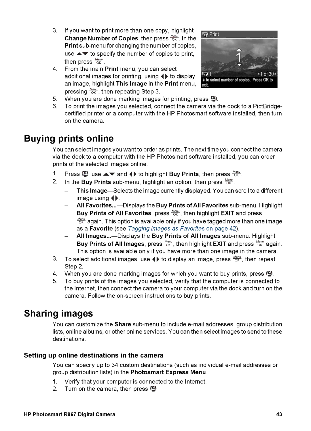 HP R967 manual Buying prints online, Sharing images, Setting up online destinations in the camera 