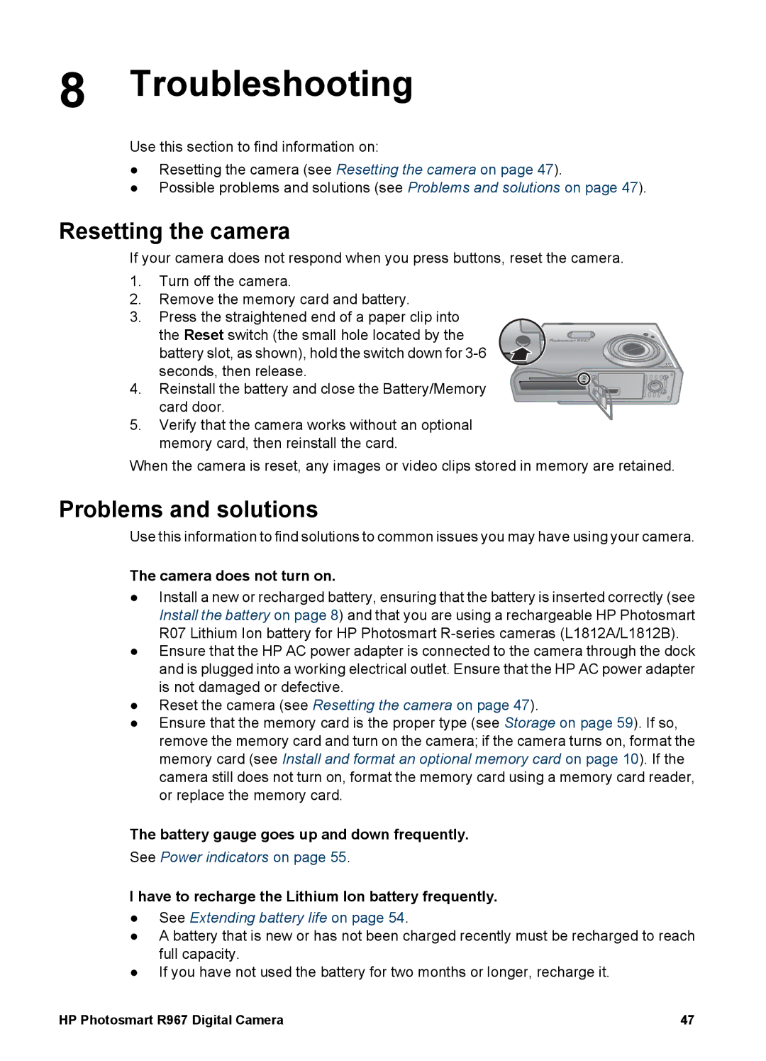 HP R967 manual Troubleshooting, Resetting the camera, Problems and solutions 