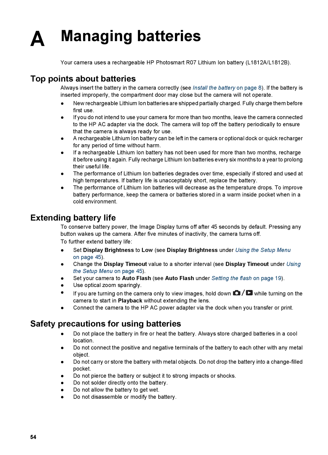 HP R967 manual Managing batteries, Top points about batteries 