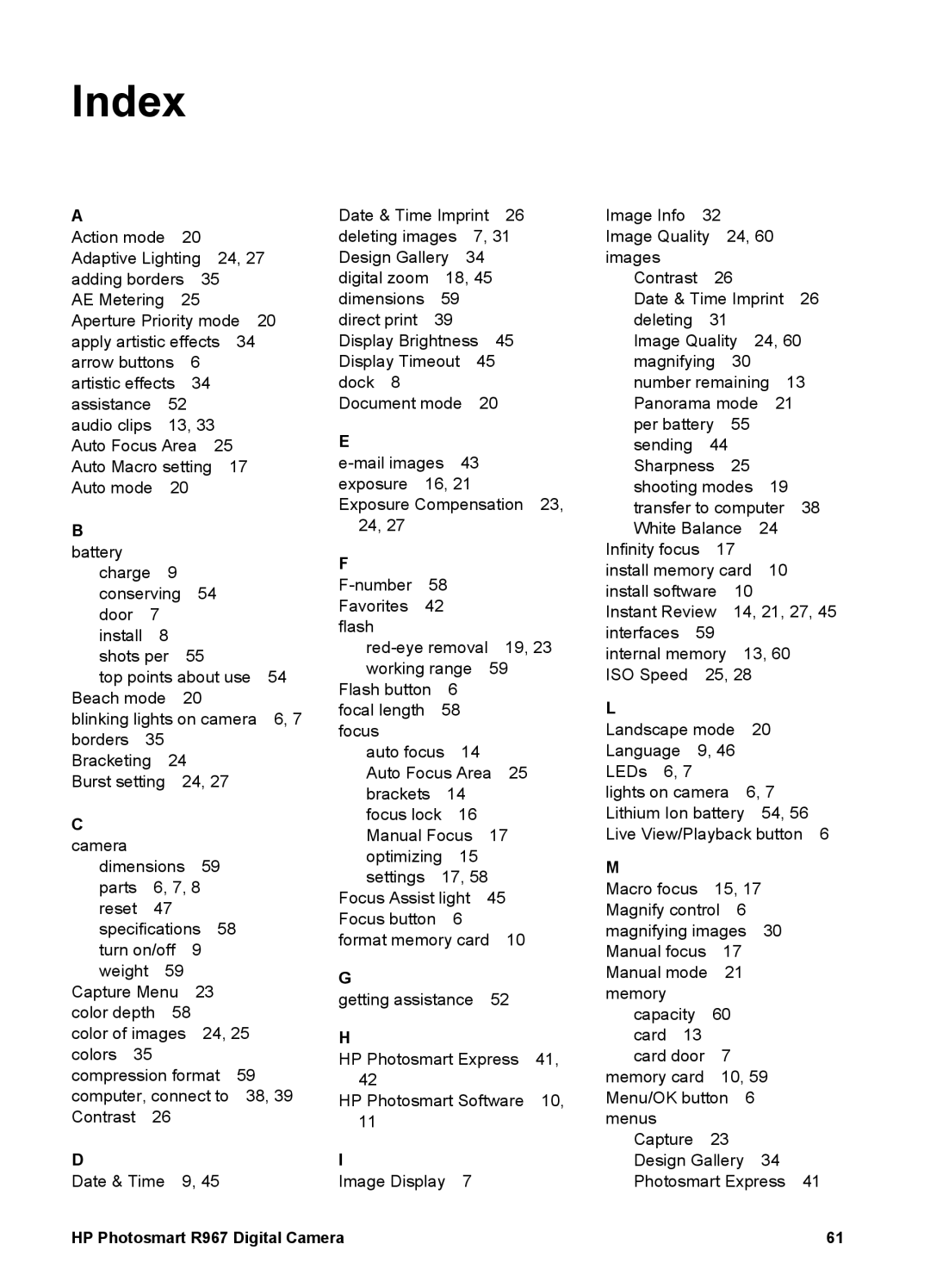 HP R967 manual Index 