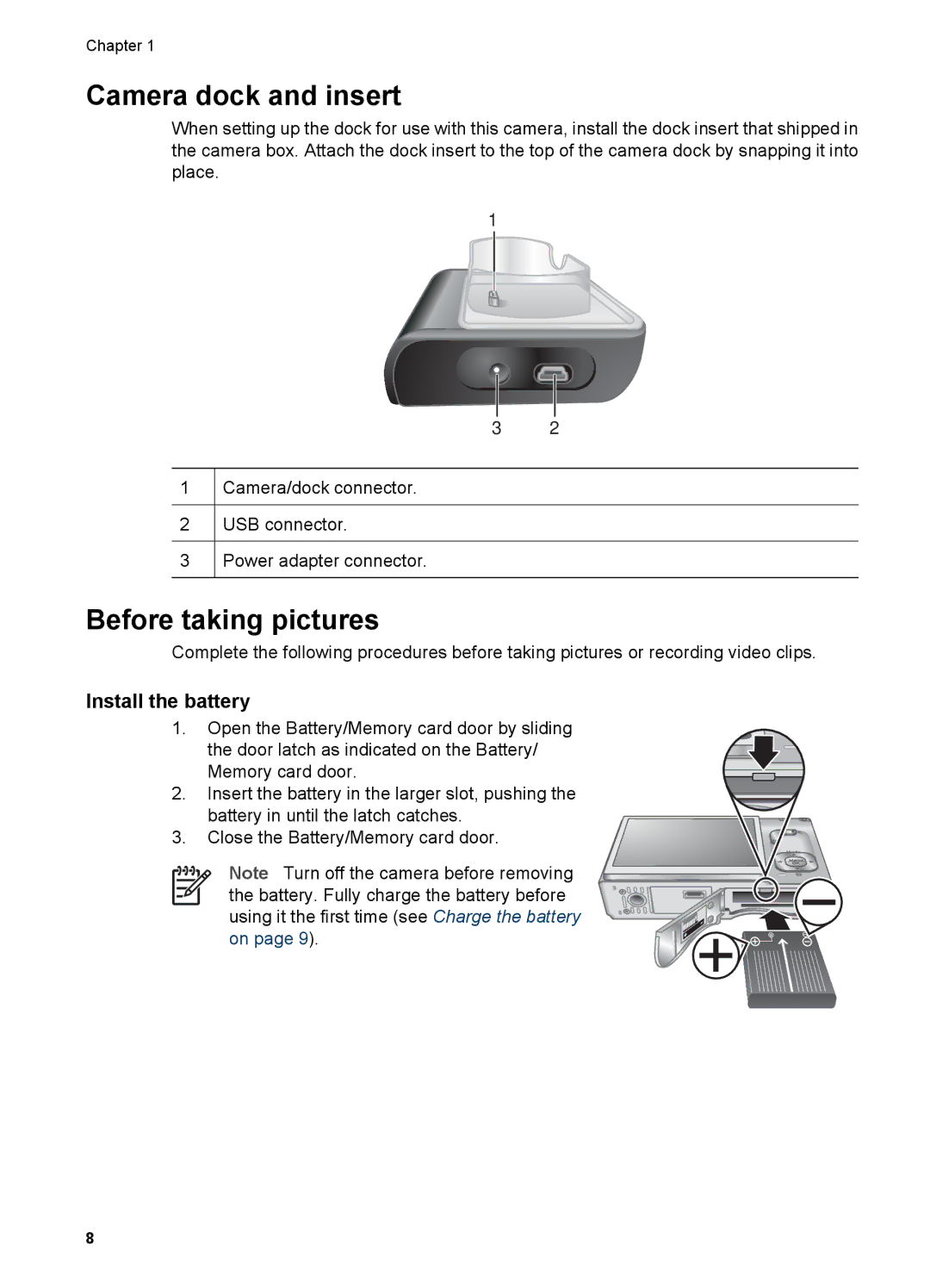 HP R967 manual Camera dock and insert, Before taking pictures, Install the battery 