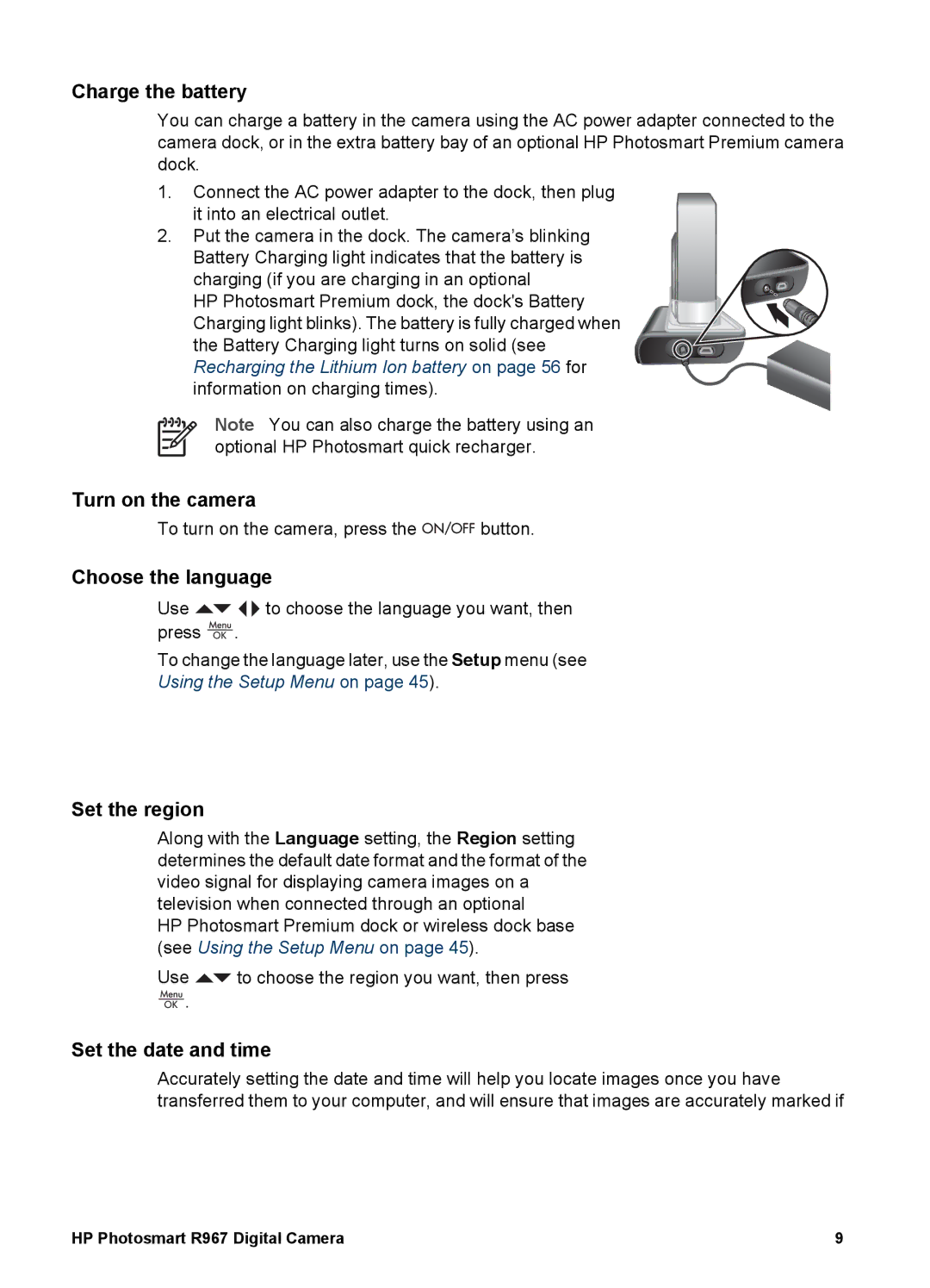 HP R967 manual Charge the battery, Turn on the camera, Choose the language, Set the region, Set the date and time 