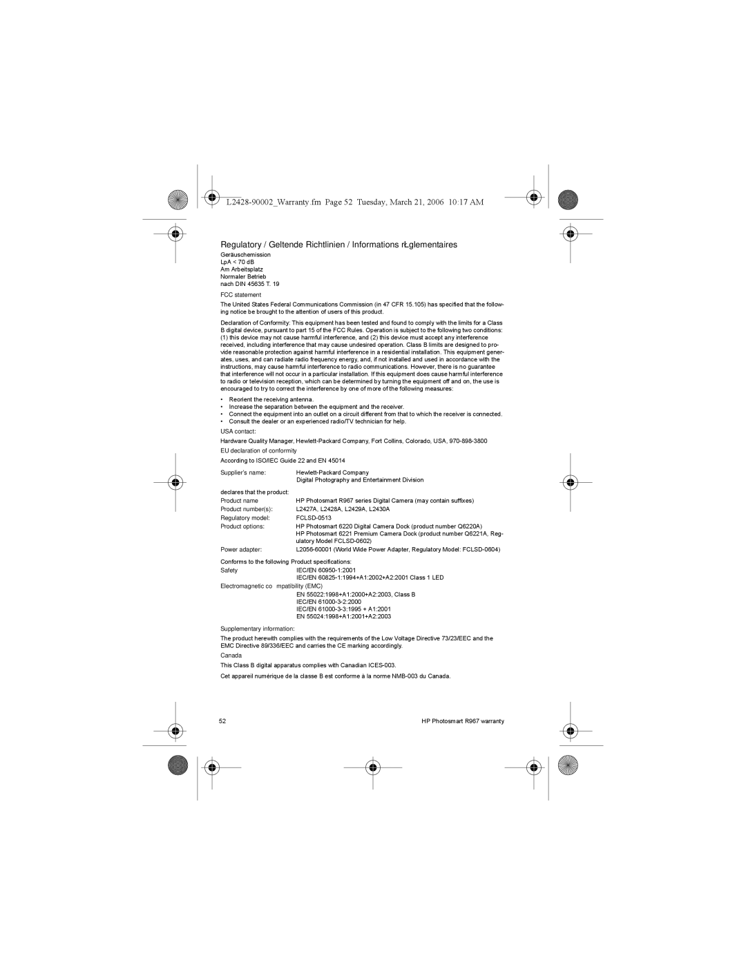 HP R967 FCC statement, USA contact, EU declaration of conformity, Suppliers name, Product name, Product numbers, Safety 